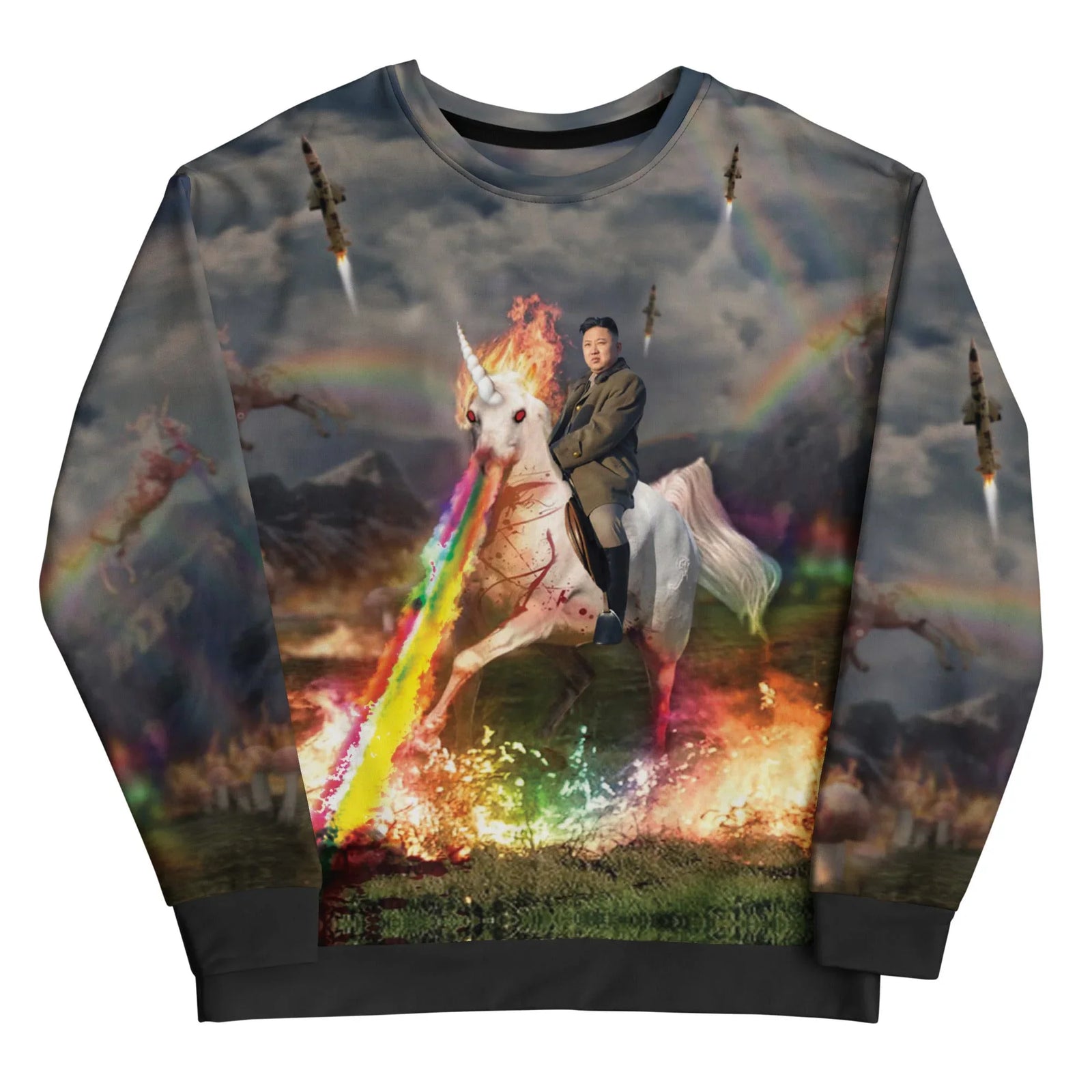 This surreal, photorealistic montage features a political figure in an olive drab military coat riding a rearing white unicorn through an apocalyptic war zone. Contact us with accessibility feedback, we'd love to help!