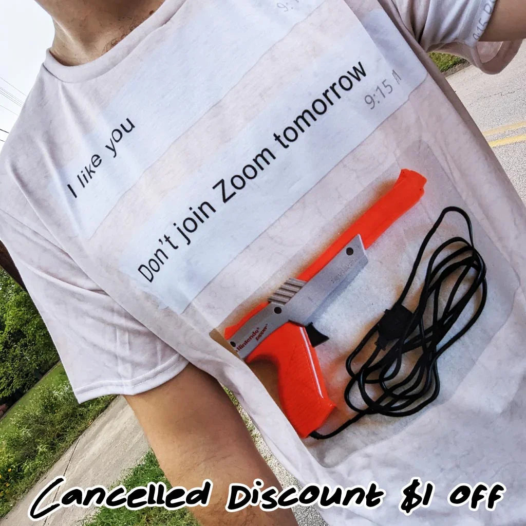 Set against a clean neutral white background, this satirical collage pairs the chat text "I like you" and "Don't join Zoom tomorrow" with retro gaming nostalgia. Contact us with accessibility feedback, we'd love to help!