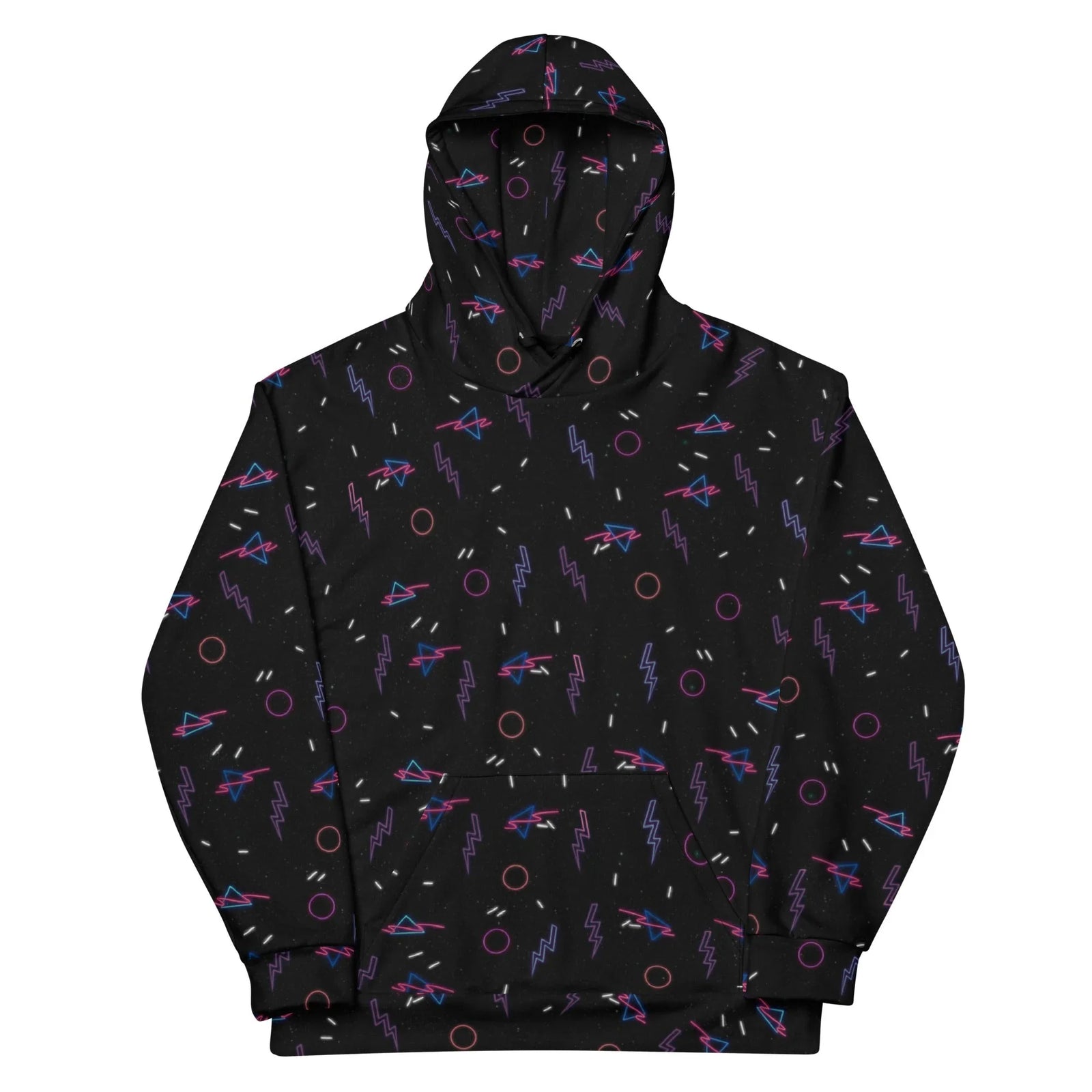 This hoodie explodes with 90s arcade carpet nostalgia—violet lightning bolts, hot magenta circles, and electric cyan triangles scattered across cosmic black like a fever dream. Contact us with accessibility feedback, we'd love to help!