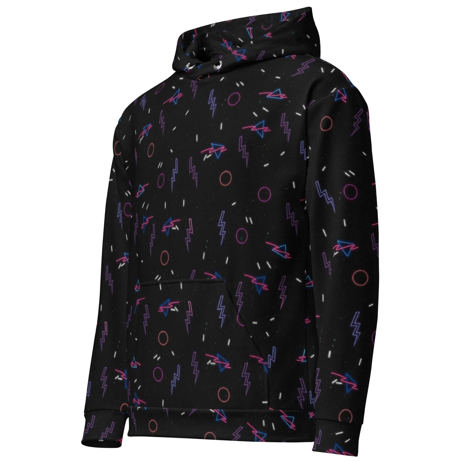 Retro Arcade Carpet Hoodie in Neon Cosmic Noir. OEKO-TEX® 100, REACH Compliant, GRS Certified.