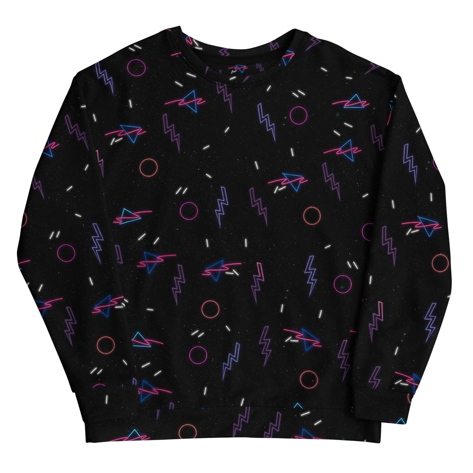 A midnight obsidian sweatshirt erupts with chaotic neon geometry—electric cyan lightning bolts, hot magenta rings, and violet zig-zags scattered like cosmic confetti. Contact us with accessibility feedback, we'd love to help!