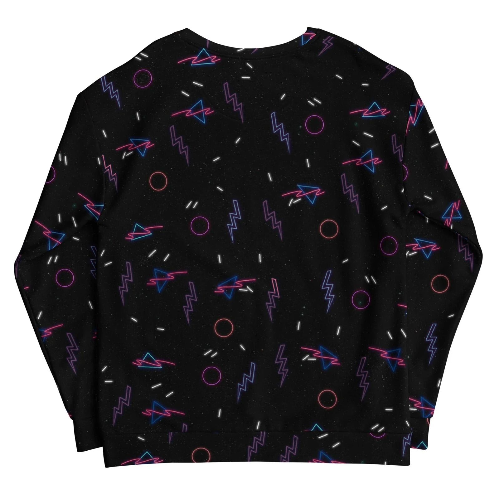 Retro Arcade Carpet Sweatshirt - The distinctive contrast of electric cyan lightning bolts (#00FFFF) and hot magenta rings (#FF1493) floating over a star-dusted obsidian void (#050505 with #FFFFFF speckles).