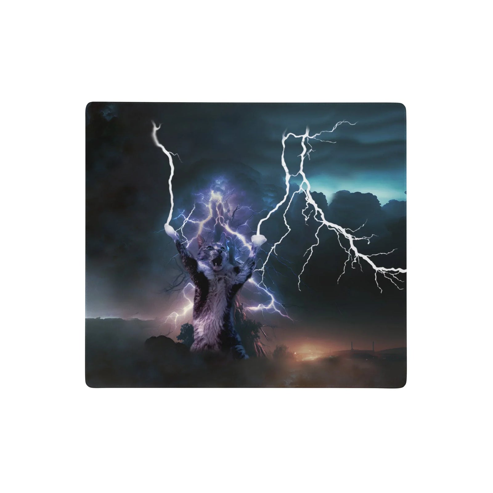 Return of the Lightning Cat Desk Mats - The juxtaposition of the roaring domestic tabby against the violent #F0FFFF plasma bolts amid a turbulent #151B25 navy and charcoal grey storm, mimicking the dramatic composition of classic heavy metal album covers or high-fantasy paperback art.