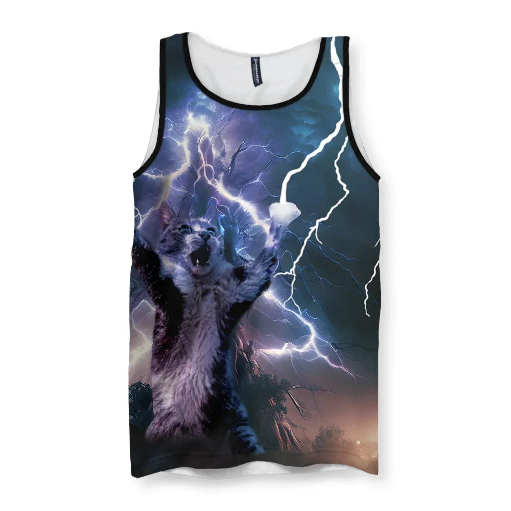 A fierce, photorealistic grey and white tabby cat stands bipedally with paws raised in a roar, set against a backdrop of deep, stormy indigo clouds. Contact us with accessibility feedback, we'd love to help!