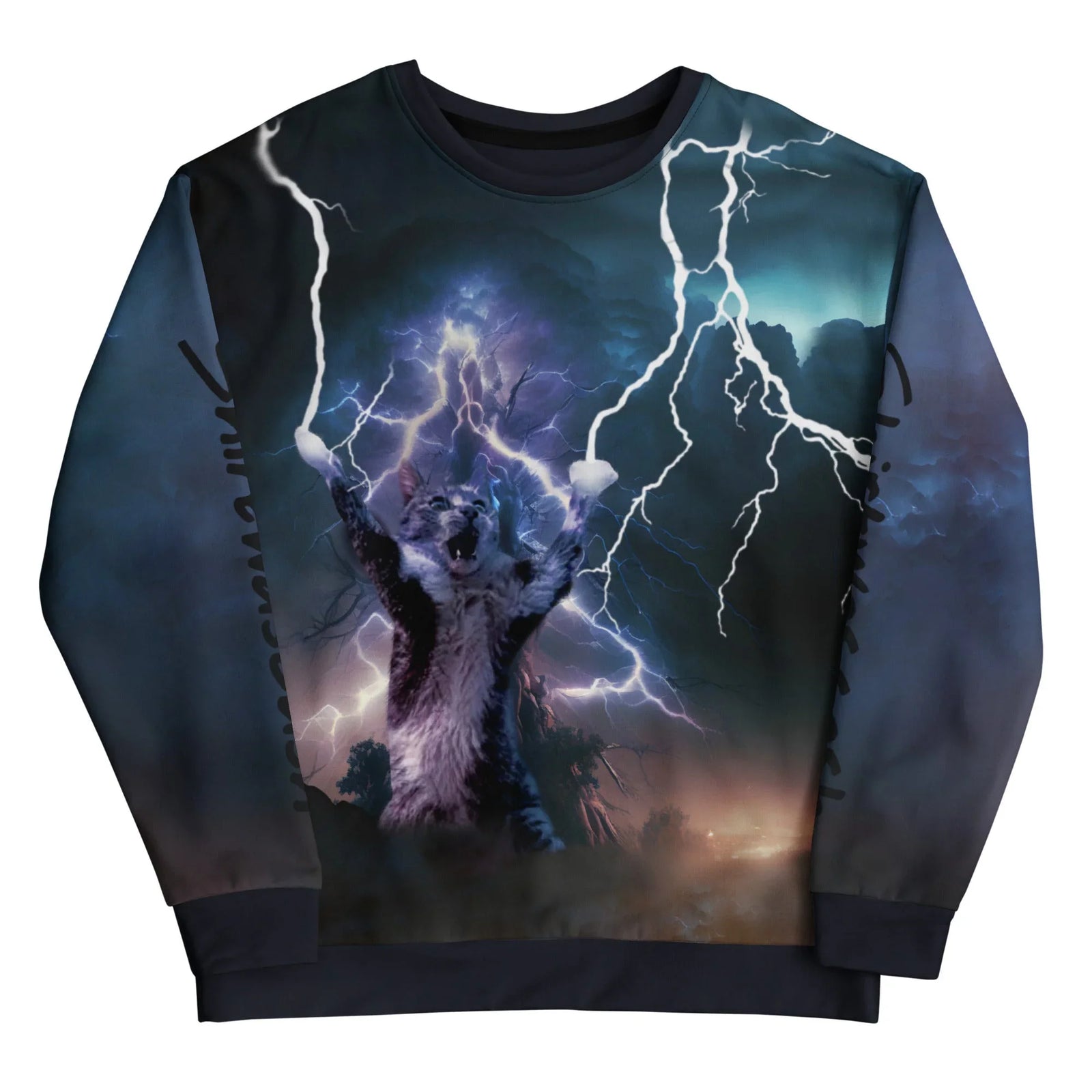 A photorealistic tabby and white feline stands upright in this dramatic surreal fantasy scene, raising its paws to summon jagged forks of high-voltage white lightning. Contact us with accessibility feedback, we'd love to help!