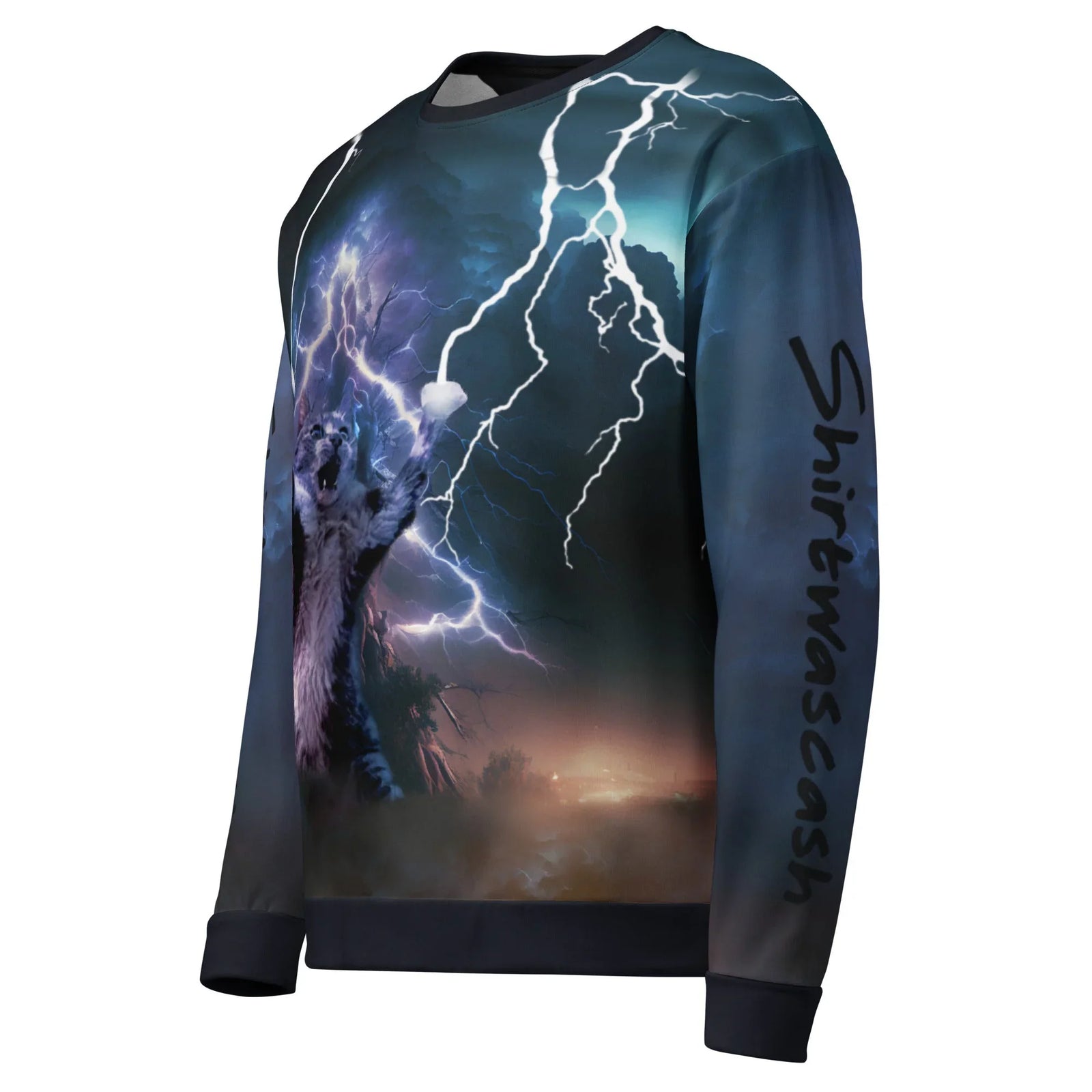 Return of the Lightning Cat Sweatshirt in Electric Midnight Tempest. OEKO-TEX® 100, REACH Compliant, GRS Certified.