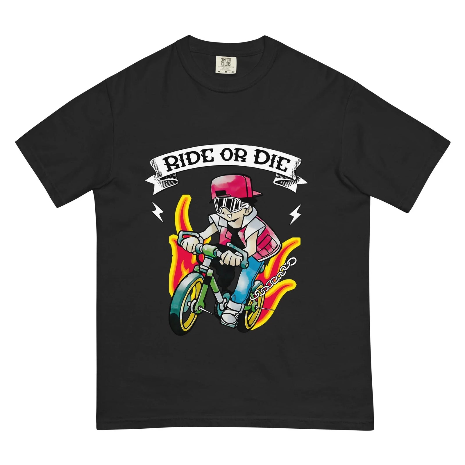 Centered on a deep midnight charcoal base, this vibrant 90s anime parody features a determined monster-trainer pedaling a lime green bicycle through blazing marigold flames and lightning. Contact us with accessibility feedback, we'd love to help!