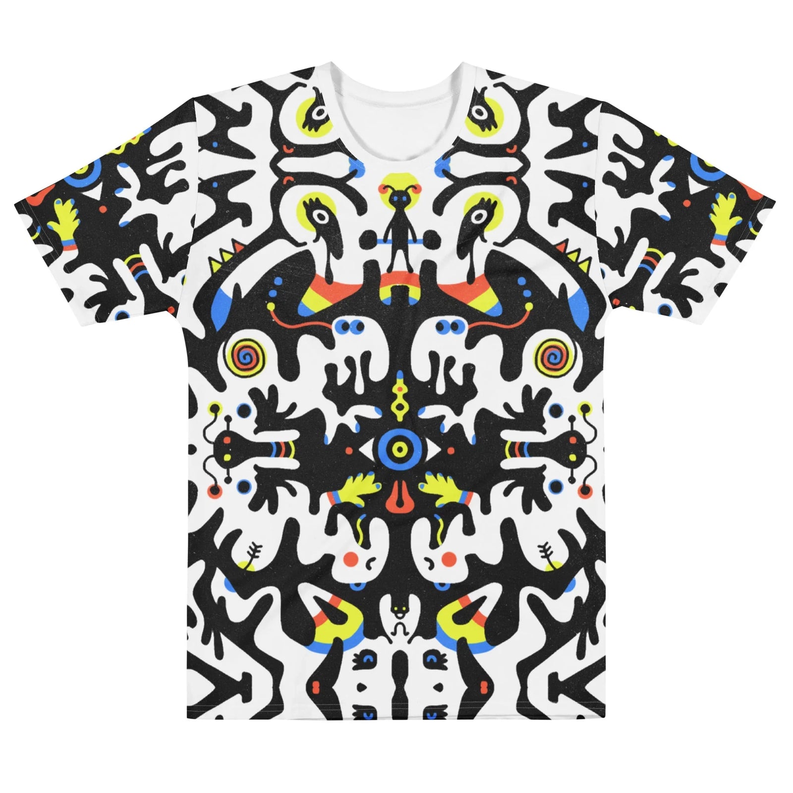 Rorschach Tabar T-Shirt - The vertical axis of symmetry fusing melting ghost doodles with stark #121212 Rorschach inkblots on #FFFFFF canvas, accented by #00BFFF cyan rings, #FFD700 yellow auras, and #FF4500 orange highlights
