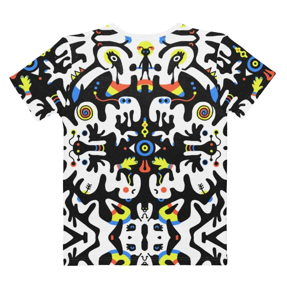 Rorschach Tabar Women's Tee - The strict bilateral symmetry anchoring the chaotic "midnight black" (#121212) blobs against the "electric azure" (#2B6CB0) swirls, "vivid dandelion yellow" (#E6D92C) highlights, and "striking persimmon orange" (#FF6B6B) accents, specifically the central cyclopean eye that forces direct eye contact with the pattern.