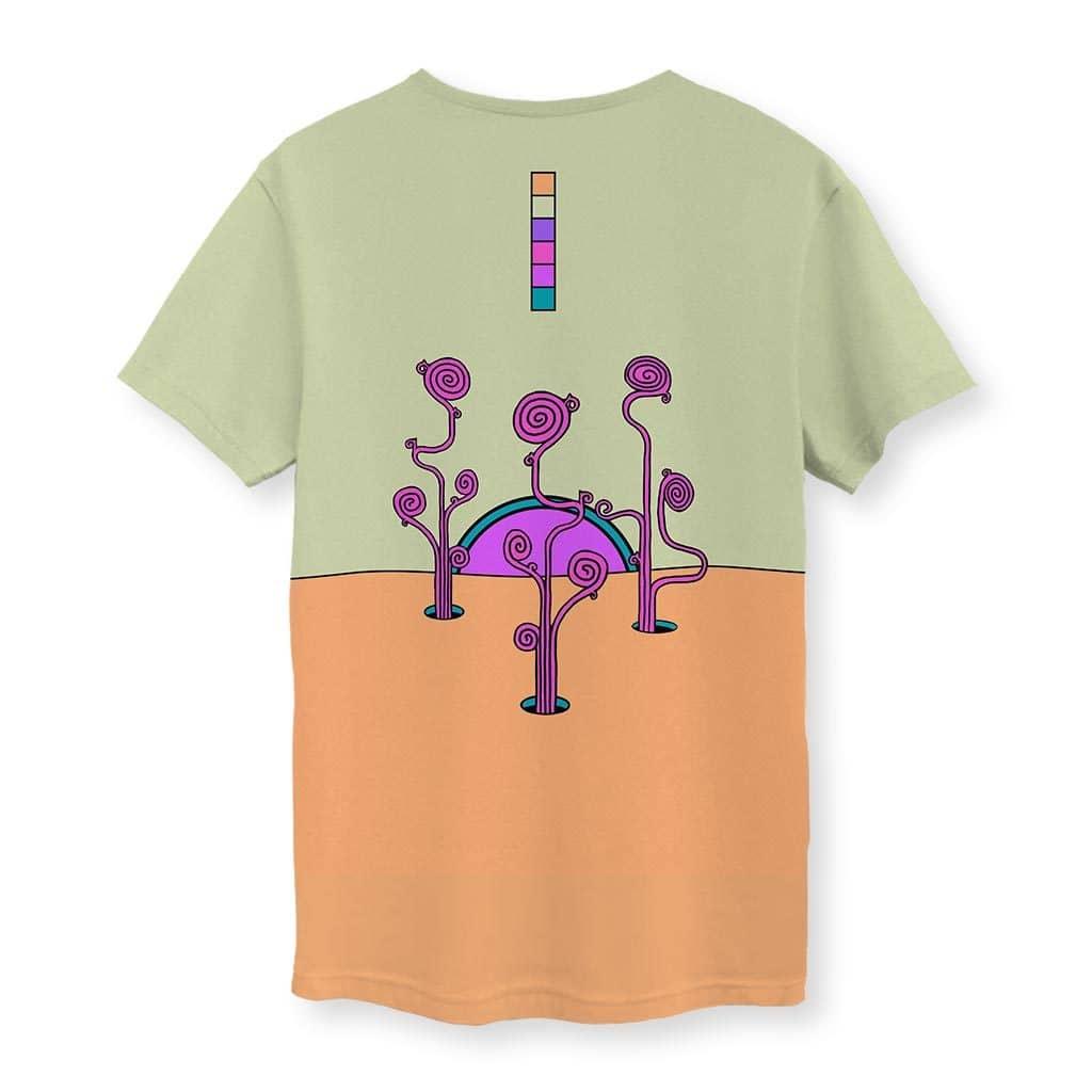 Sacred Sun T-Shirt - The personified sun face emitting geometric rays against the deep indigo (#1E1C52) night sky, contrasted with sandy apricot orange (#EFA97A) ground elements.