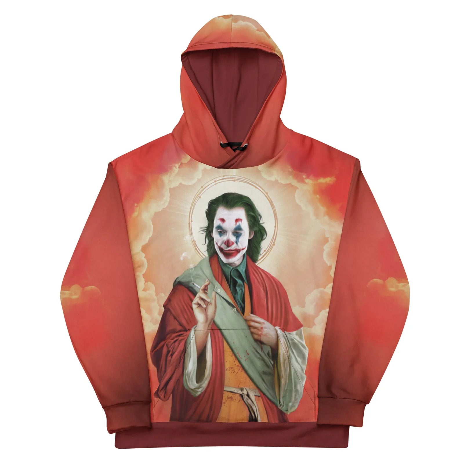 This vivid, painterly design reimagines a tragic comedian anti-hero as a beatified religious icon, complete with mossy green hair and chaotic face paint (chalk-white base, azure eyes, smeared crimson smile). Contact us with accessibility feedback, we'd love to help!