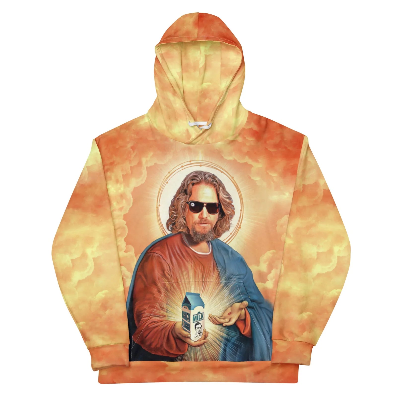 A satirical graphic blends classical religious iconography with 1990s cult cinema, centering on a relaxed, bearded figure in dark aviator sunglasses (styled like a sacred heart painting). Contact us with accessibility feedback, we'd love to help!