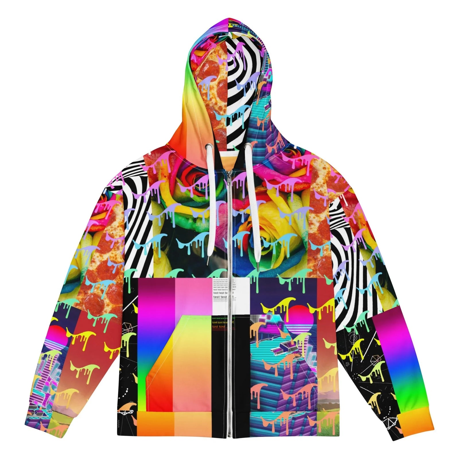 Sample Design Men's Zip Hoodie - The surreal, melting iris rendered in deep Cobalt Blue (#0047AB) and violet dissolving into corrupted pixel static