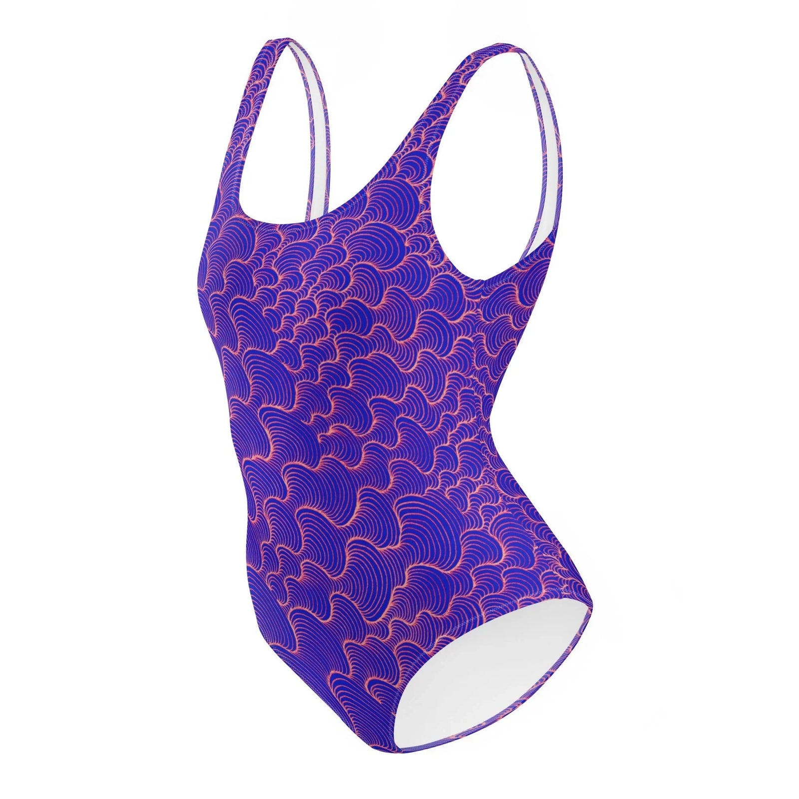 Scribblewave One-Piece Swimsuit - The **salmon-pink (#FF8674) wobbly concentric arches** that subvert the rigid Seigaiha wave standard, creating a vibrating optical effect against the royal indigo (#4B0082) field.