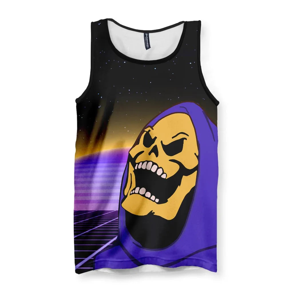 A vibrant, oversized portrait of a cult-classic 80s animated antagonist dominates the design, featuring a gleeful golden bone skeletal face framed by an electric violet cowl. Contact us with accessibility feedback, we'd love to help!