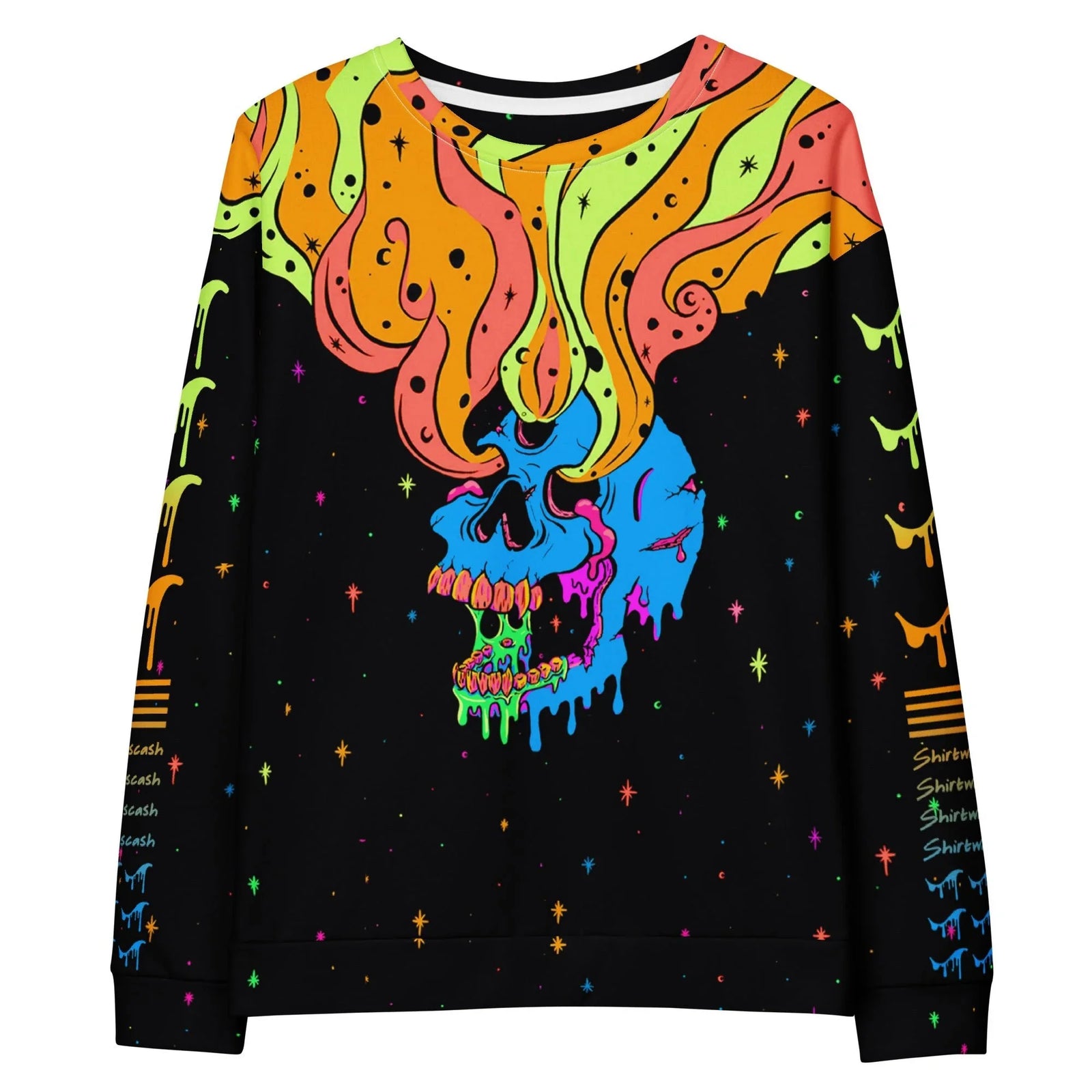 Set against a deep obsidian void, a hallucinogenic electric cerulean blue skull features an unhinged jaw oozing radioactive green slime. Contact us with accessibility feedback, we'd love to help!