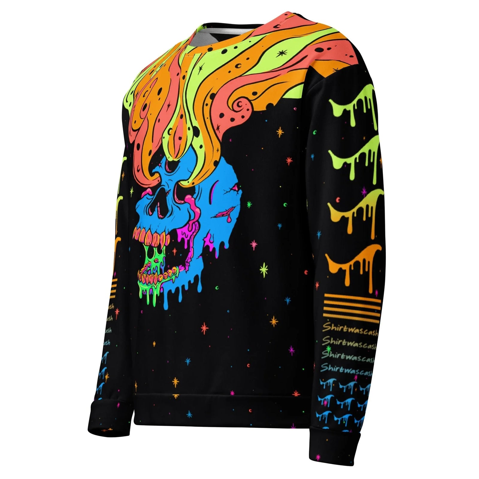 Skelly Space Drip Sweatshirt - The unhinged electric cerulean (#007BA7) jaw oozing viscous neon green (#39FF14) fluid.
