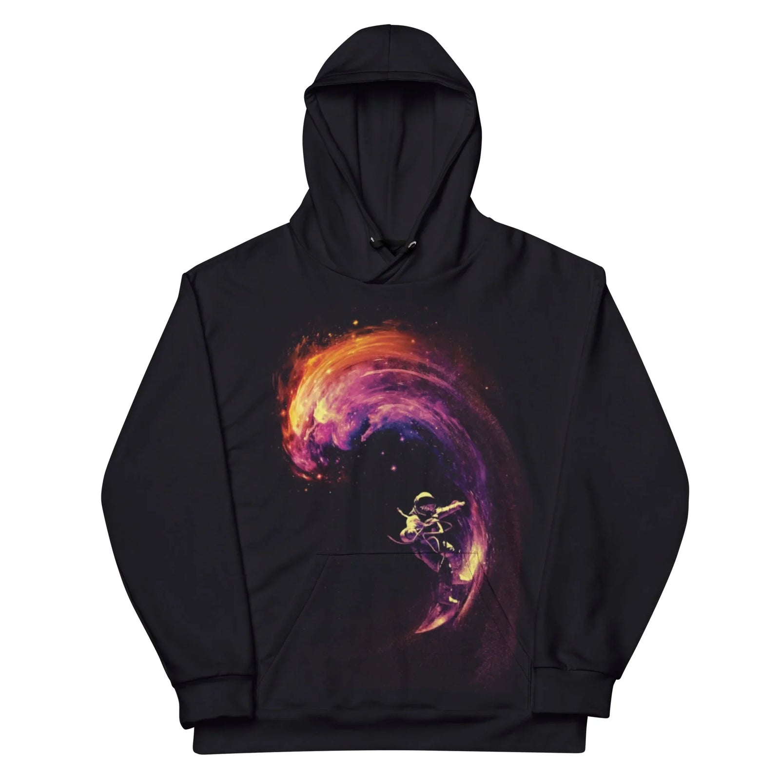 An astronaut surfs a massive, surreal cosmic wave across a deep obsidian black backdrop. Contact us with accessibility feedback, we'd love to help!