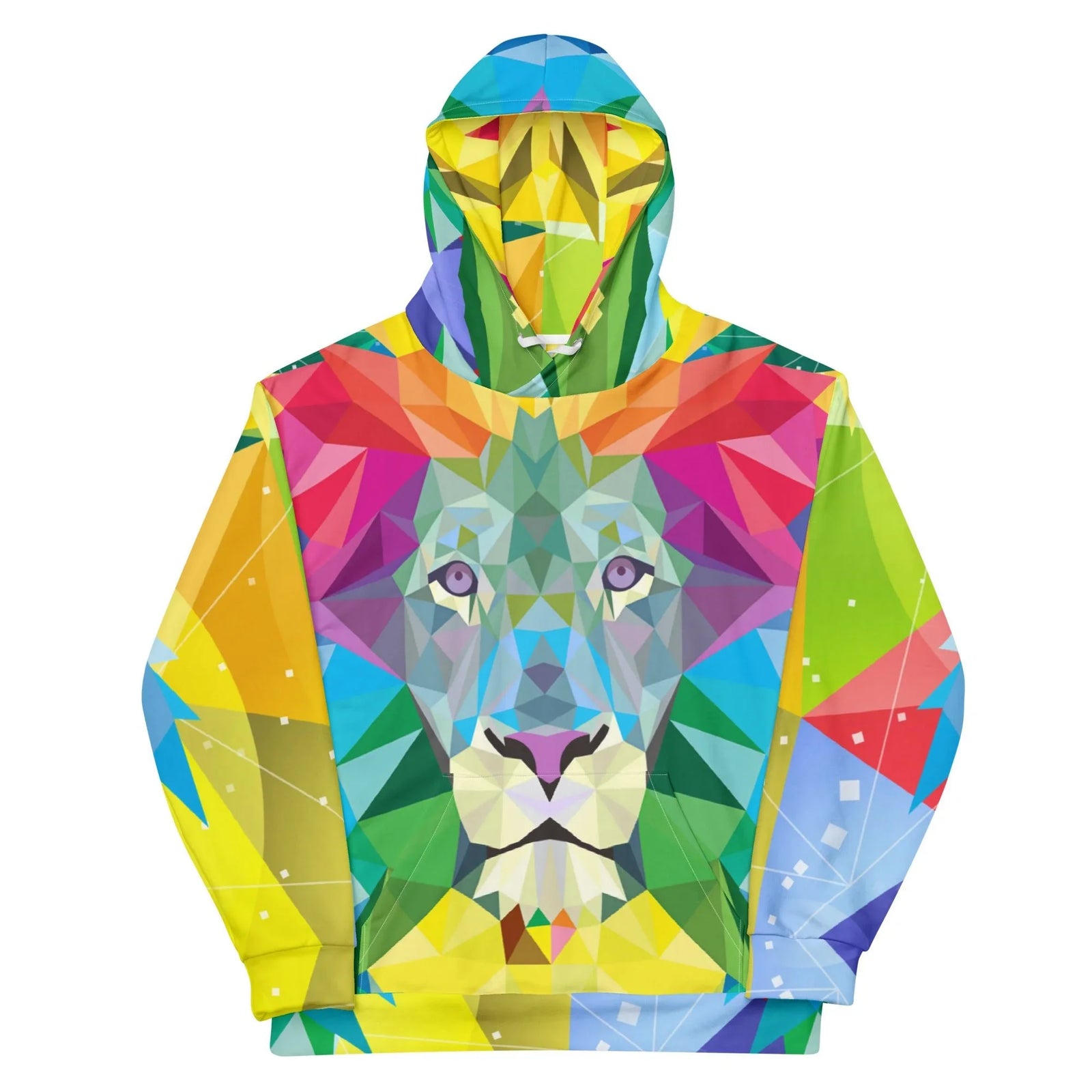 A majestic lion's visage anchors this design, rendered in a sharp low-poly art style (resembling cut gemstones or stained glass). Contact us with accessibility feedback, we'd love to help!