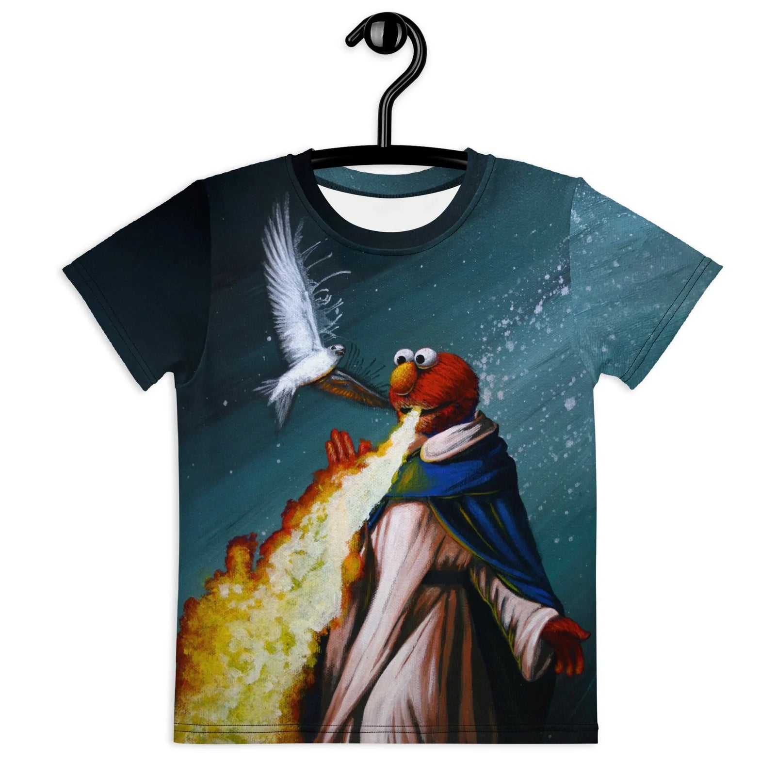 An iconic crimson furry monster (Cardinal Fur) appears in a realistic, mock-baroque oil painting style, draped in solemn liturgical robes of white and deep azure. Contact us with accessibility feedback, we'd love to help!