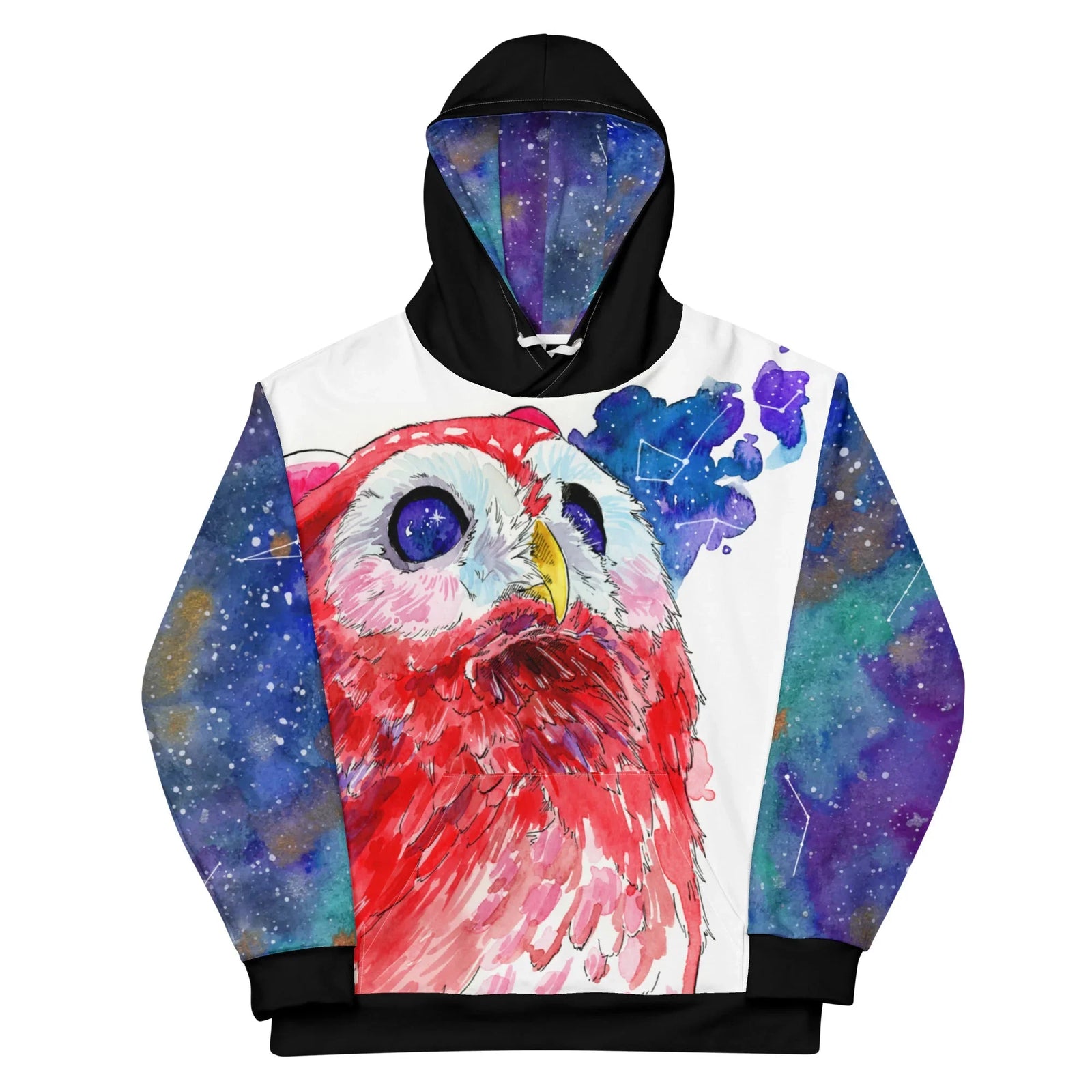 A large, painterly avian raptor dominates the stark white backdrop in expressive strokes of vibrant coral red and soft blush pink (punctuated by a golden yellow beak). Contact us with accessibility feedback, we'd love to help!