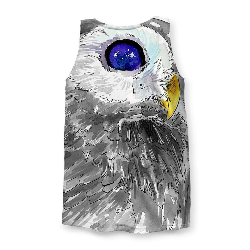 Stargazer Men's Tank - The specific substitution of the owl's pupils with deep midnight blue (#2E1A47) nebulas and white (#FFFFFF) starlight flecks.