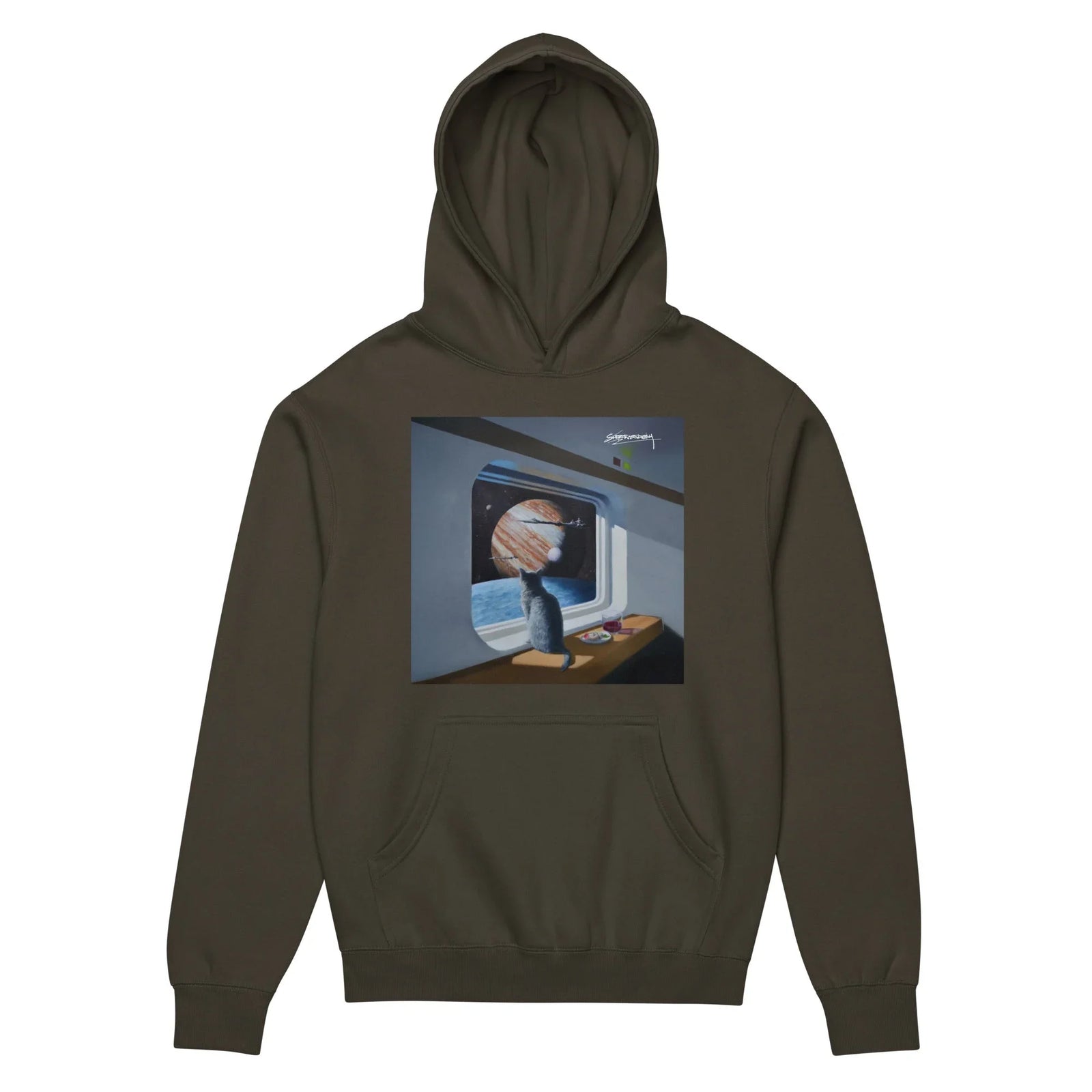 Starship Cat Hoodie - The high-contrast juxtaposition of the silhouetted domestic feline against the vast, rust-colored atmospheric bands (#A0522D) of the gas giant and the bright azure atmospheric horizon (#4682B4) outside the rounded viewport