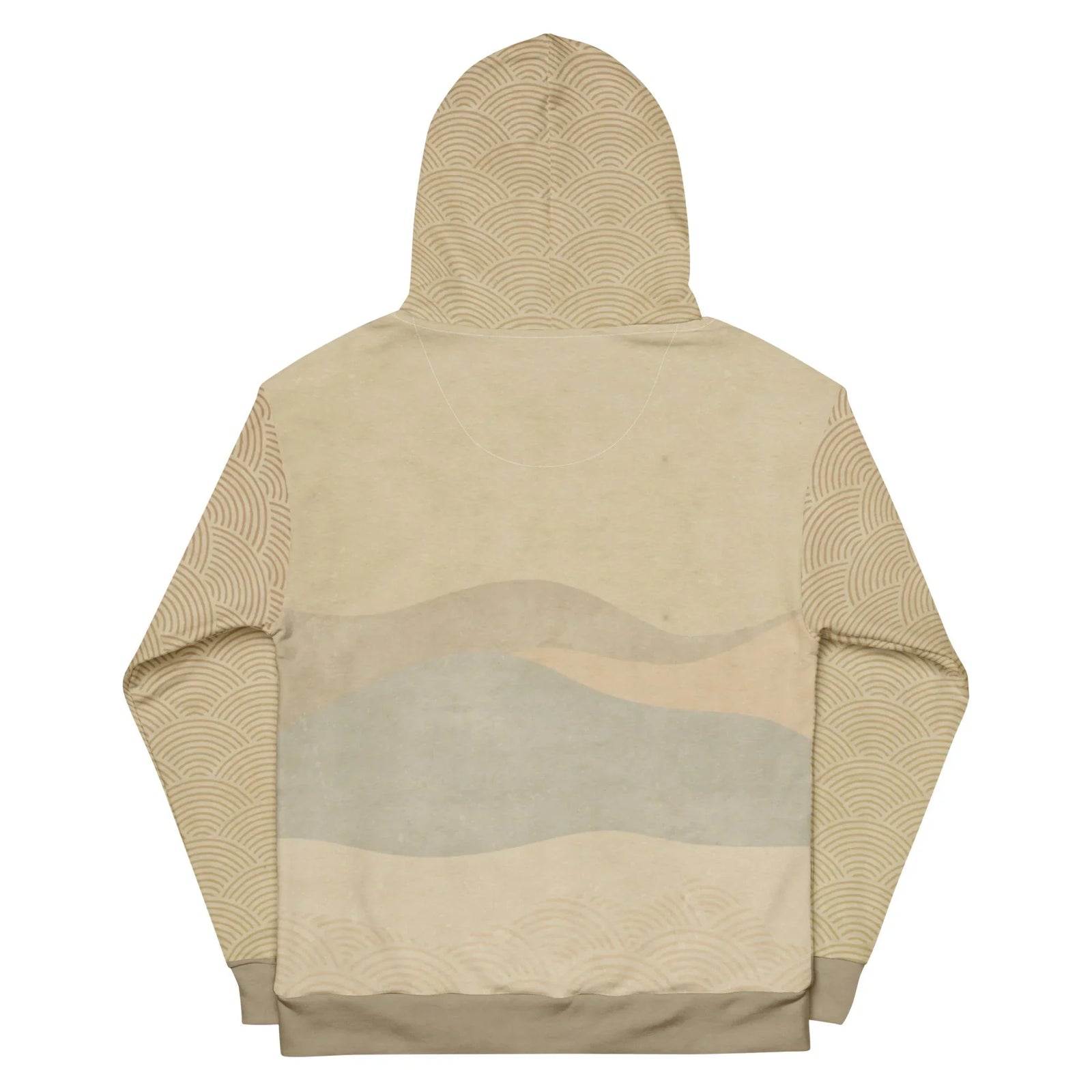Street Catfish Hoodie - The surreal depiction of a whiskered catfish in cinnabar robes (#A85E5E) playing a shamisen against a textured antique parchment backdrop (#E3D6B5).