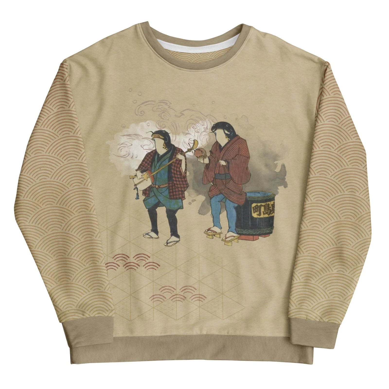 Against antique parchment beige, two anthropomorphic catfish in Ukiyo-e style command center stage—one in rusted brick crimson playing shamisen, the other in faded indigo slate holding a gourd cup beside a calligraphy-marked barrel. Contact us with accessibility feedback, we'd love to help!