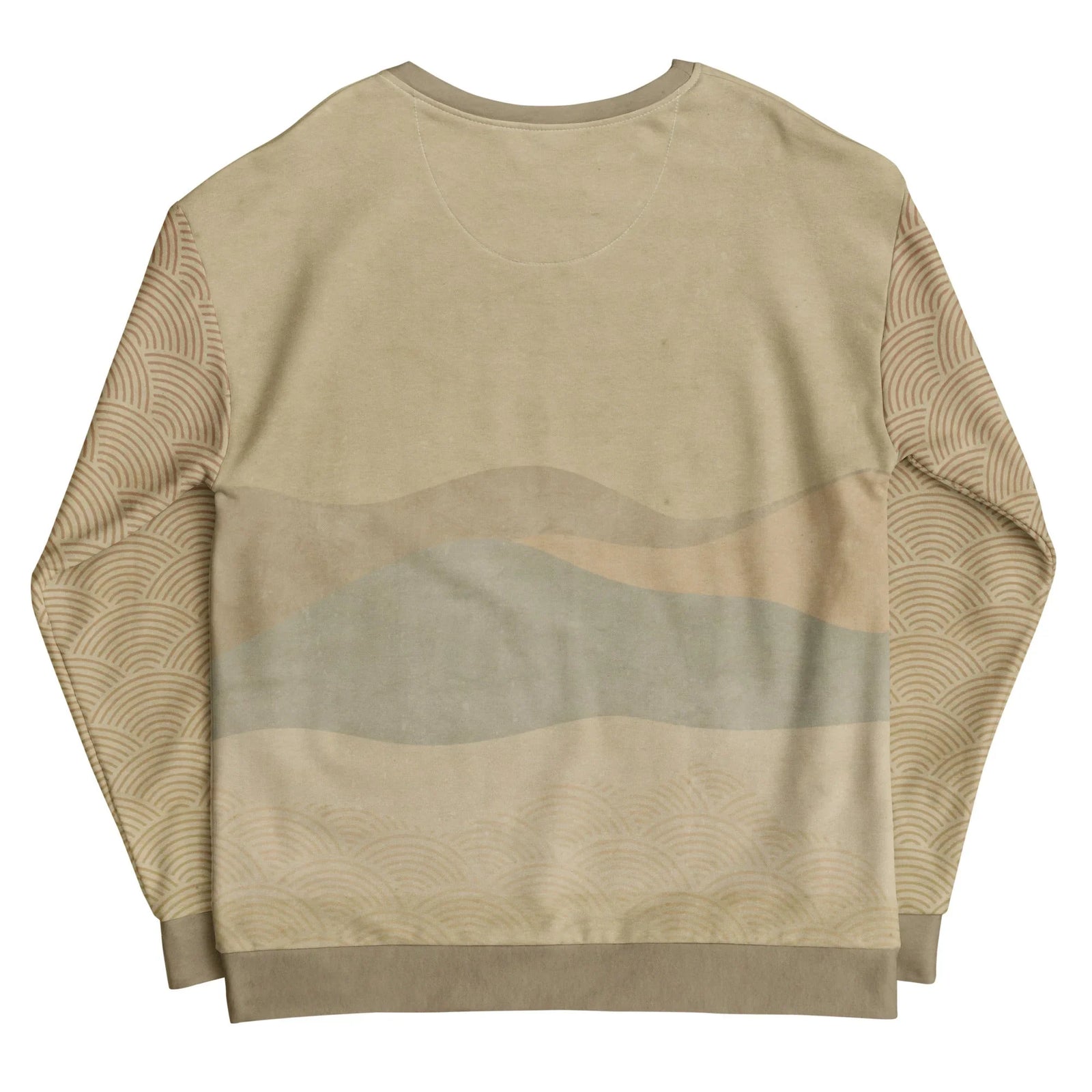 Street Catfish Sweatshirt - The surreal anthropomorphic catfish musicians rendered in rusted brick crimson (#8E4945) and indigo slate (#4A7385) set against the traditional toasted sesame (#A89070) wave patterns on an antique parchment beige (#D2C6A8) base.