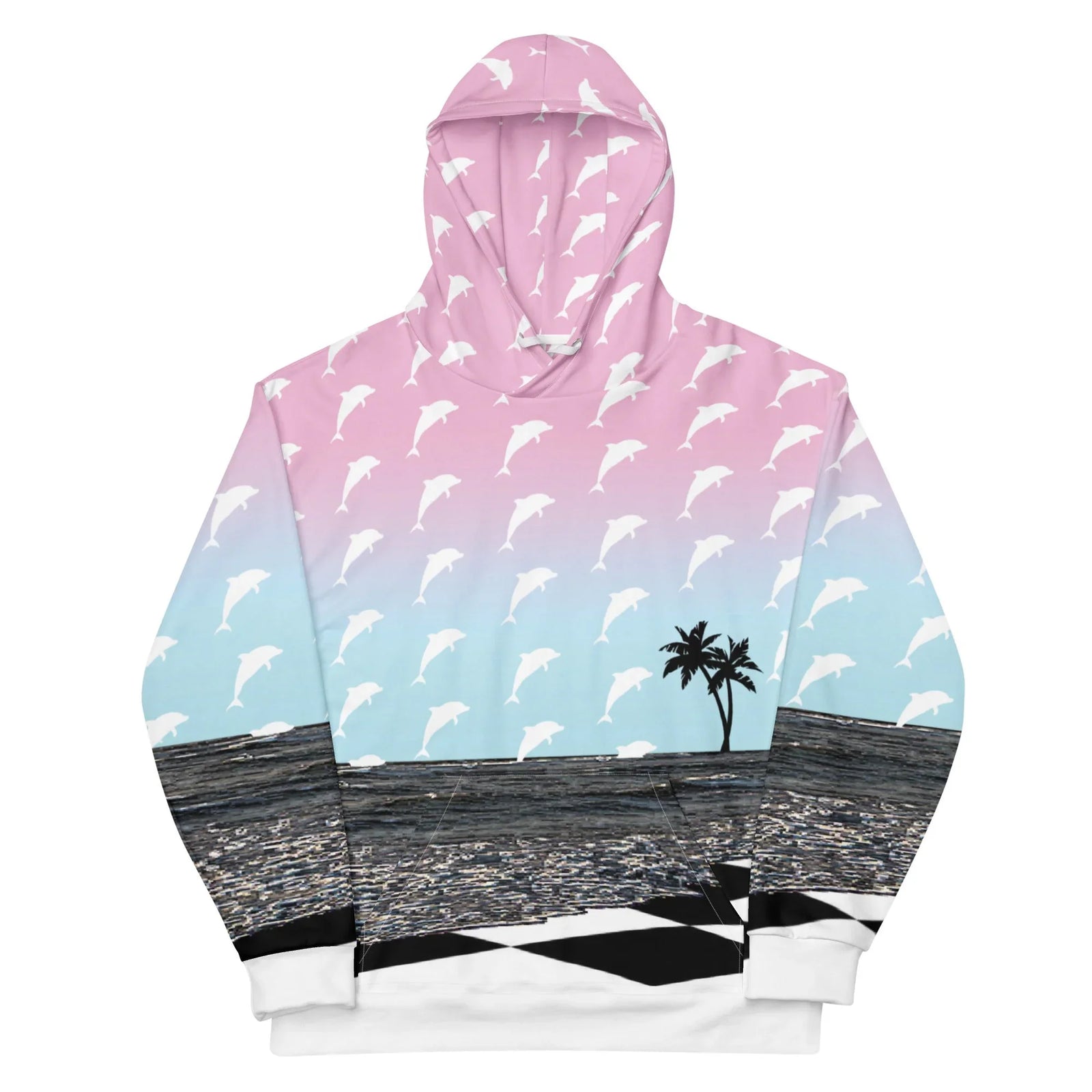 Embodying a surreal, retro-futuristic digital aesthetic, this design features a soft gradient transitioning from pastel pink sky to cool poolside blue overlaid with crisp white leaping cetaceans. Contact us with accessibility feedback, we'd love to help!