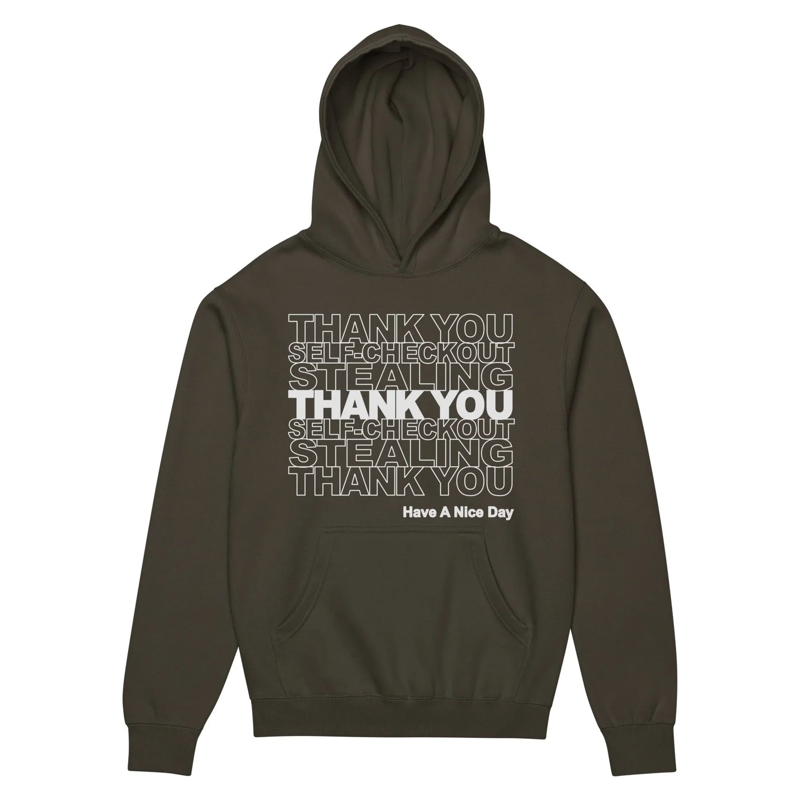 A deep dark olive loam background highlights a bold, satirical typography graphic rendered in stark porcelain white. Contact us with accessibility feedback, we'd love to help!