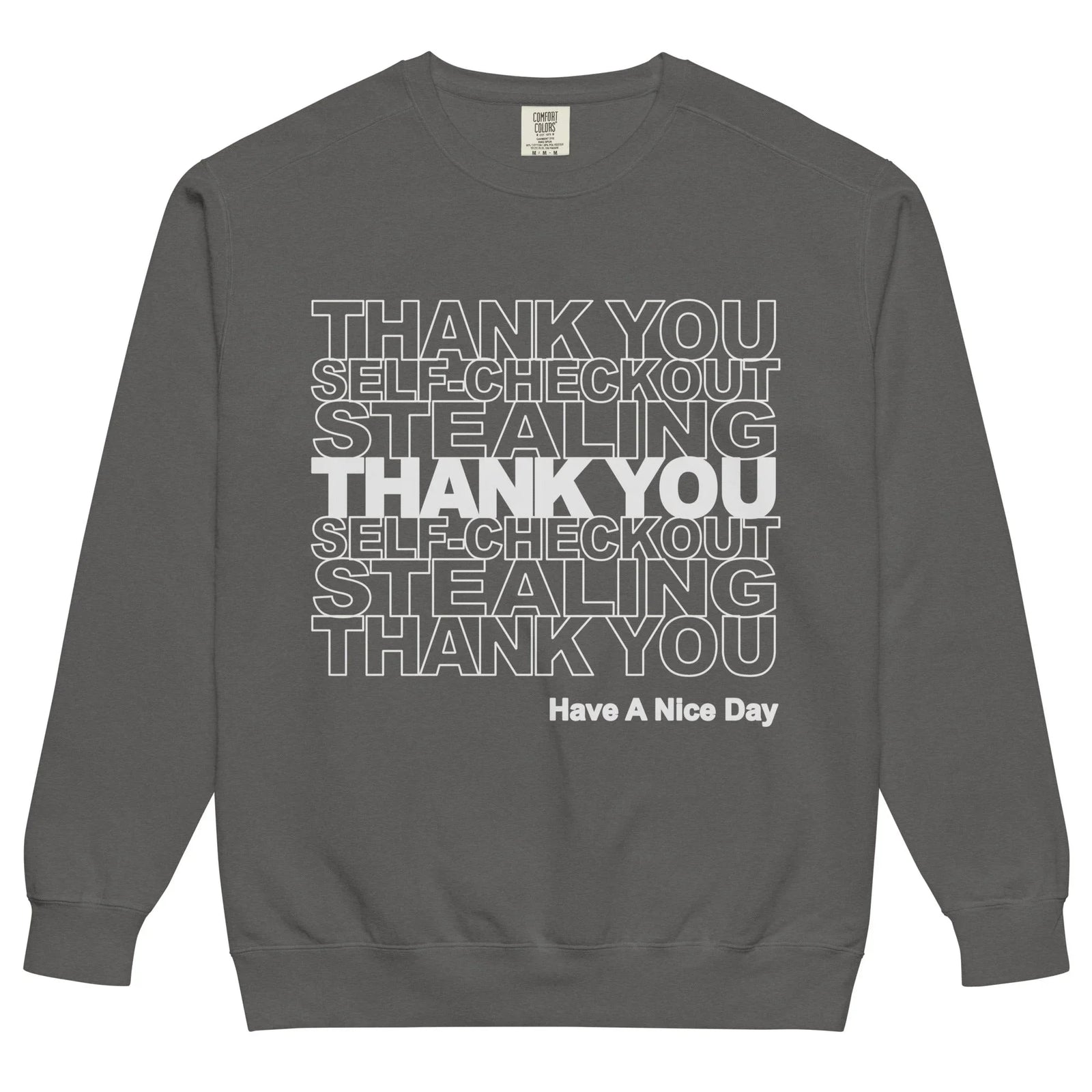 Thank You Stealing Sweatshirt - The ubiquitous repetition of the "Thank You" convenience store bag layout, subverted by the stark white (#FFFFFF) hollow-font text "STEALING" replacing standard commercial gratitude against the warm terracotta (#C0615F) background