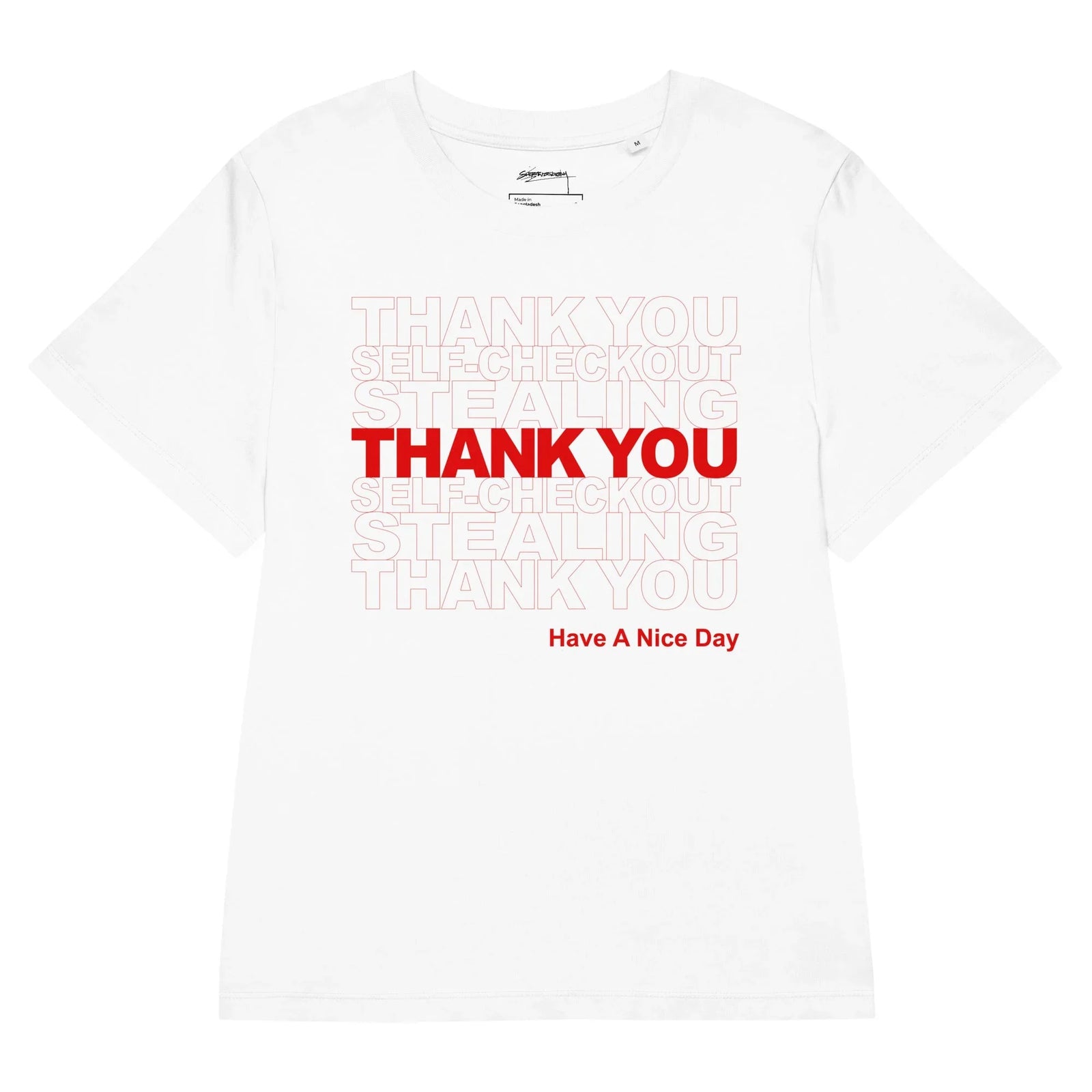 This satirical graphic design mimics ubiquitous disposable grocery sacks, rendered in vivid supermarket crimson against a crisp optic white base. Contact us with accessibility feedback, we'd love to help!