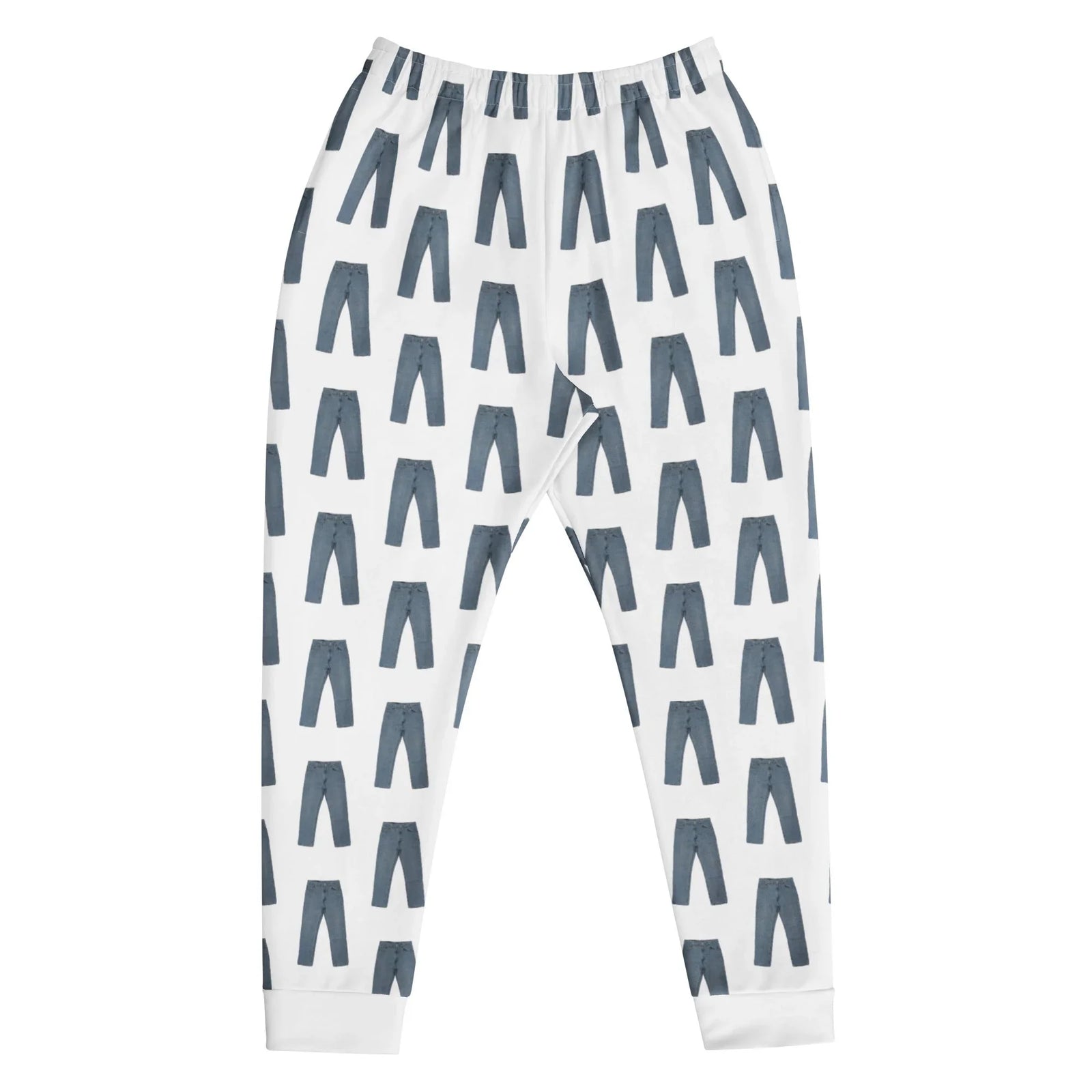 A surreal recursive design floats against a crisp stark white backdrop, featuring miniature stylized illustrations of classic denim trousers. Contact us with accessibility feedback, we'd love to help!