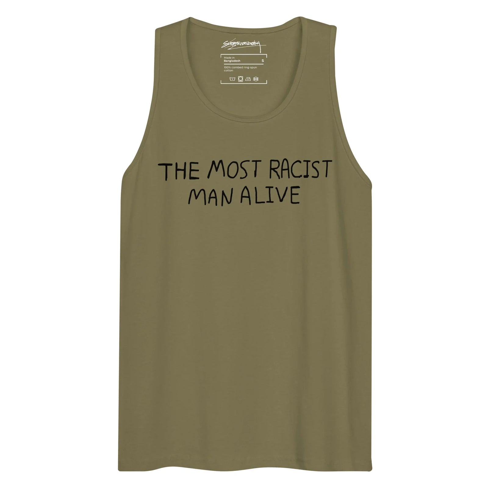 The Most Racist Man Alive Men's Tank in Stark Optical Monochrome. WRAP Certified, Eco-Certified Inks, Made-to-Order (Zero Overproduction).