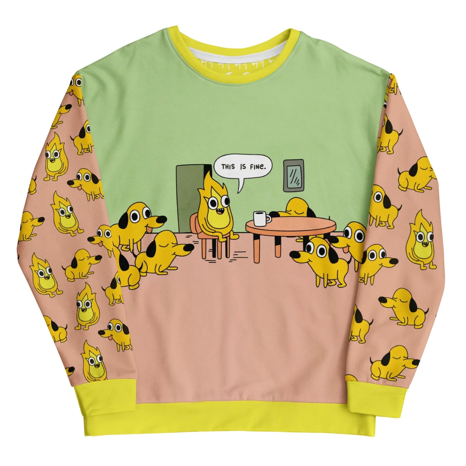 This surreal, meme-inspired graphic combines soft pistachio green and dusty salmon pink with vibrant safety yellow accents. Contact us with accessibility feedback, we'd love to help!