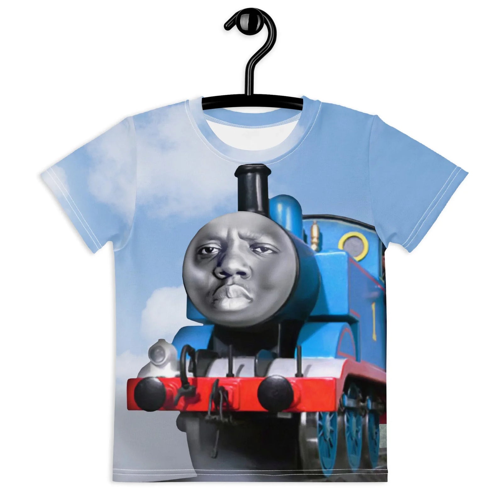A surreal internet-culture mashup dominates this design, placing a **locomotive cerulean** steam engine against a bright **stratosphere azure** sky. Contact us with accessibility feedback, we'd love to help!