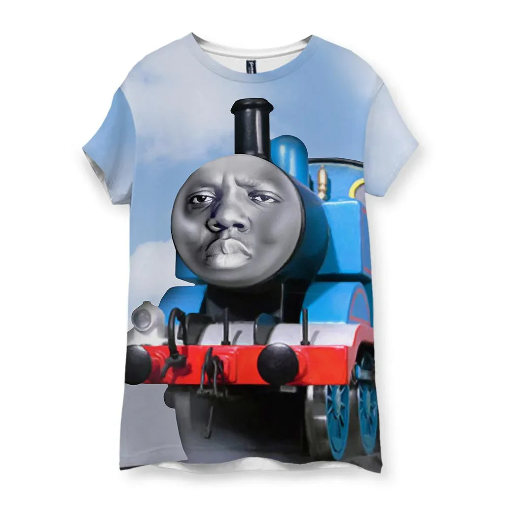Set against photorealistic pale cerulean cloudy skies, a vibrant engine cyan steam locomotive body anchors this surreal meme mashup. Contact us with accessibility feedback, we'd love to help!