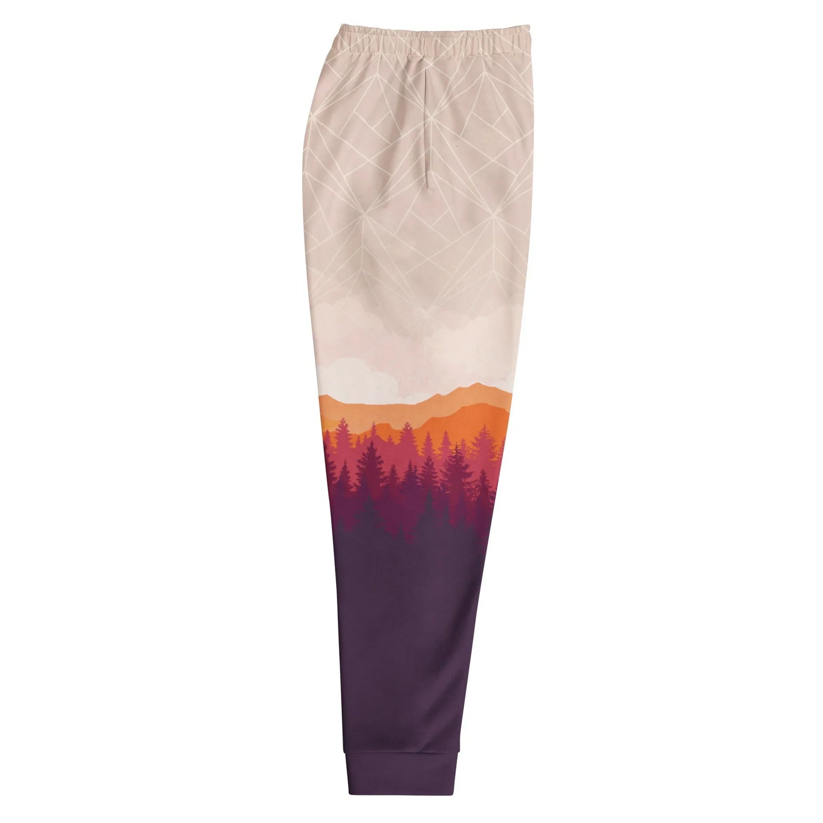 Unfinished Game Joggers - The deliberate "glitch" where the sandstone beige (#E3D4C5) polygonal wireframe sky abruptly renders into the sunset amber (#F08C36) vector mountain range, transitioning to midnight evergreen depths (#38183E) forest layers.