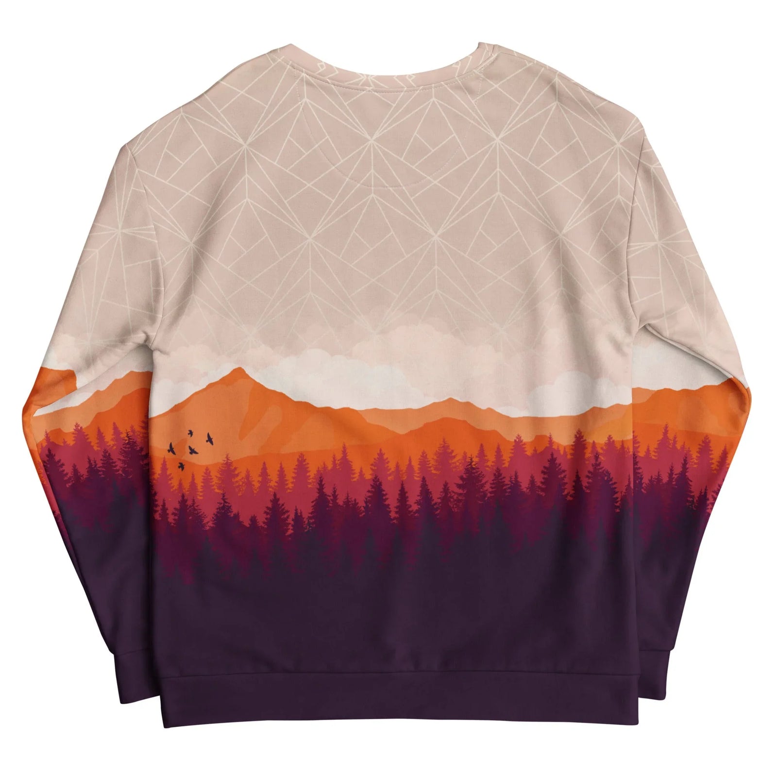 Unfinished Game Sweatshirt - The sharp horizon line where the "blazing terracotta orange (#D86018)" rendered mountains glitch into a raw "pale sandstone beige (#E3D2C6)" wireframe mesh, simulating a stalled GPU process