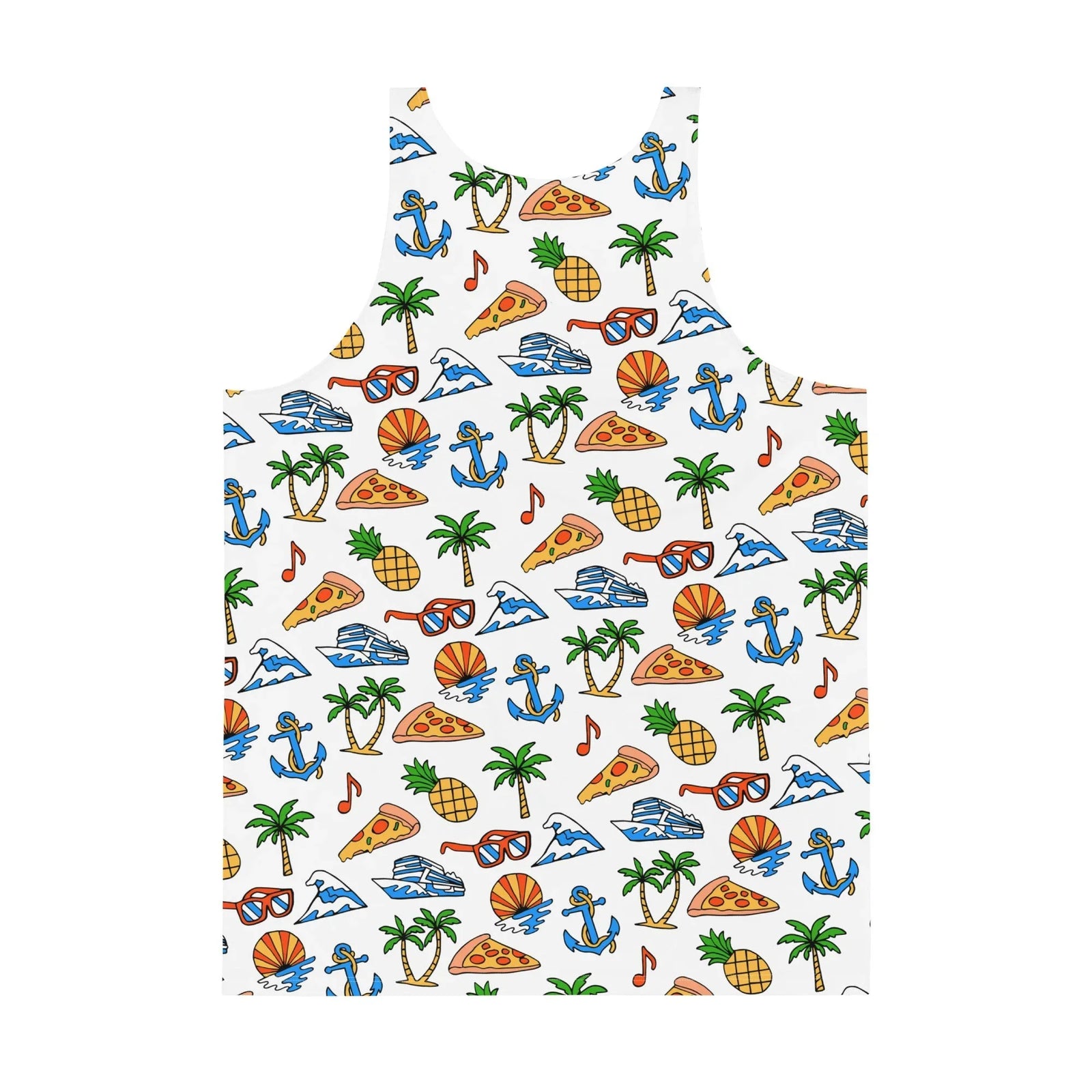 Vacation Ready Men's Tank - The jarring juxtaposition of triangular pepperoni pizza slices next to heavy royal blue anchors (#4169E1) and golden pineapples (#FFD700).