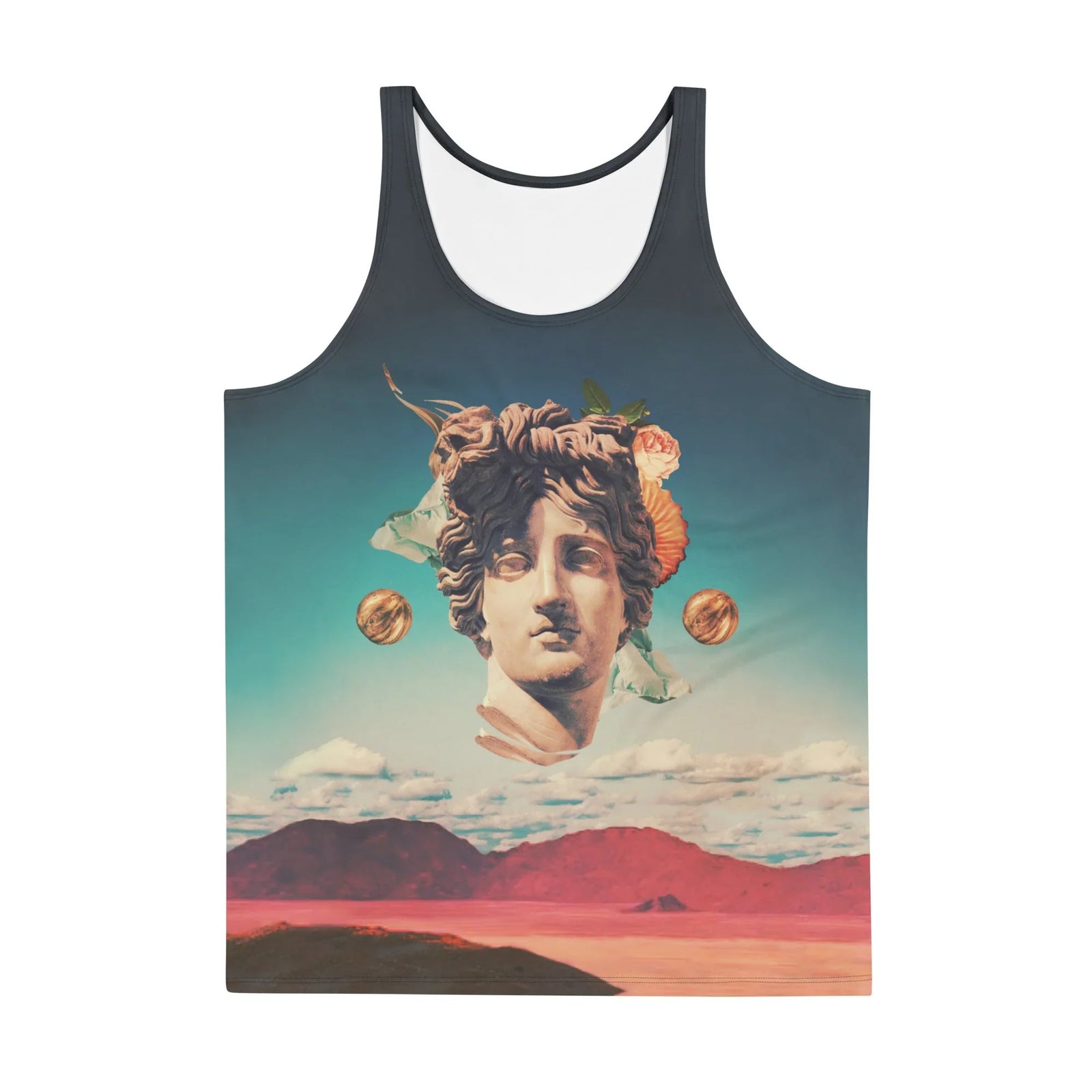 A classical marble bust crowned with vintage roses anchors this surreal vaporwave collage, flanked by floating bronze orbs. Contact us with accessibility feedback, we'd love to help!