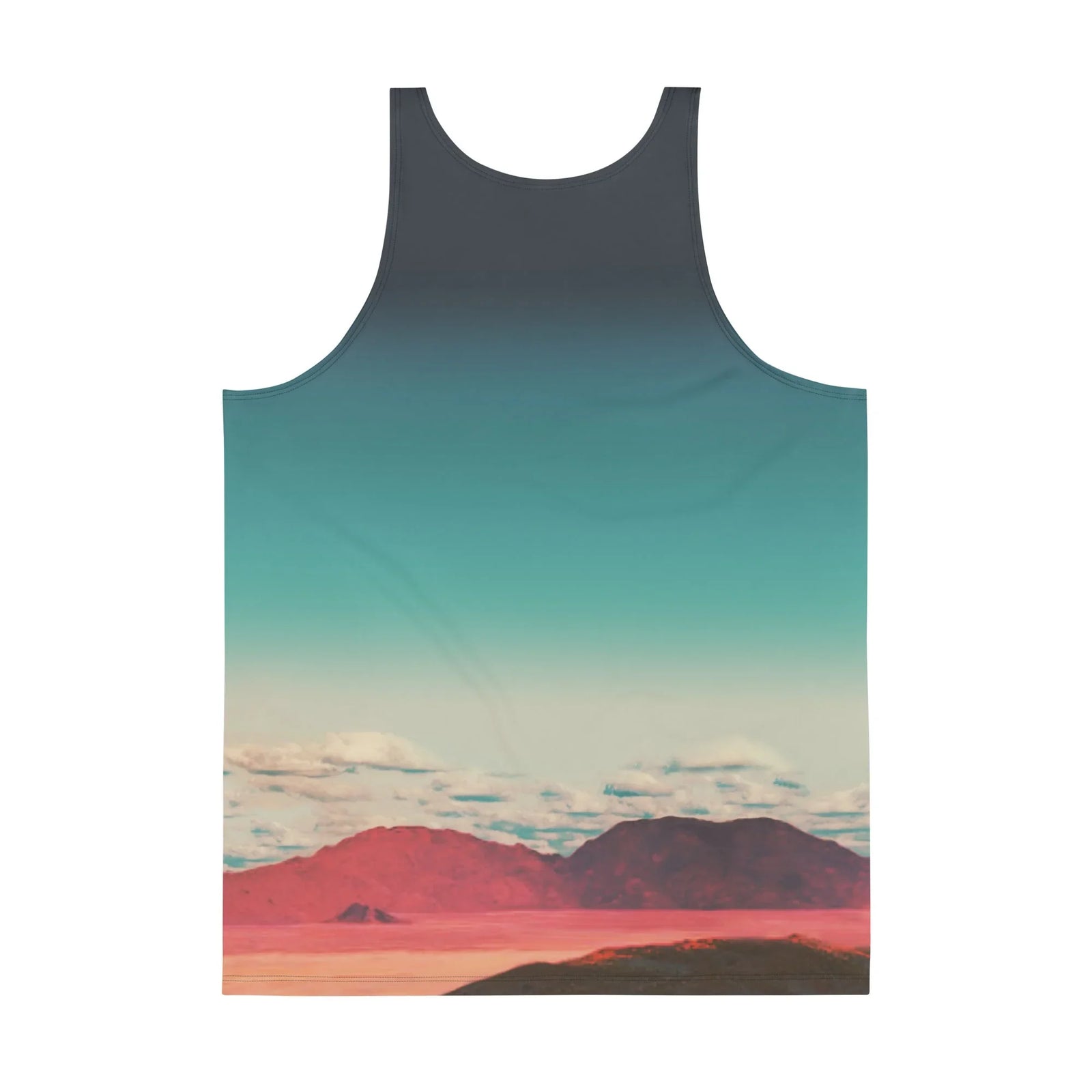 Vaporwave Goddess Men's Tank - The stoic Greco-Roman statue head juxtaposed against the surreal, synthetic #F08080 coral pink digital ocean, with flanking #CD7F32 bronze orbs and a #2F4F4F slate blue gradient sky.