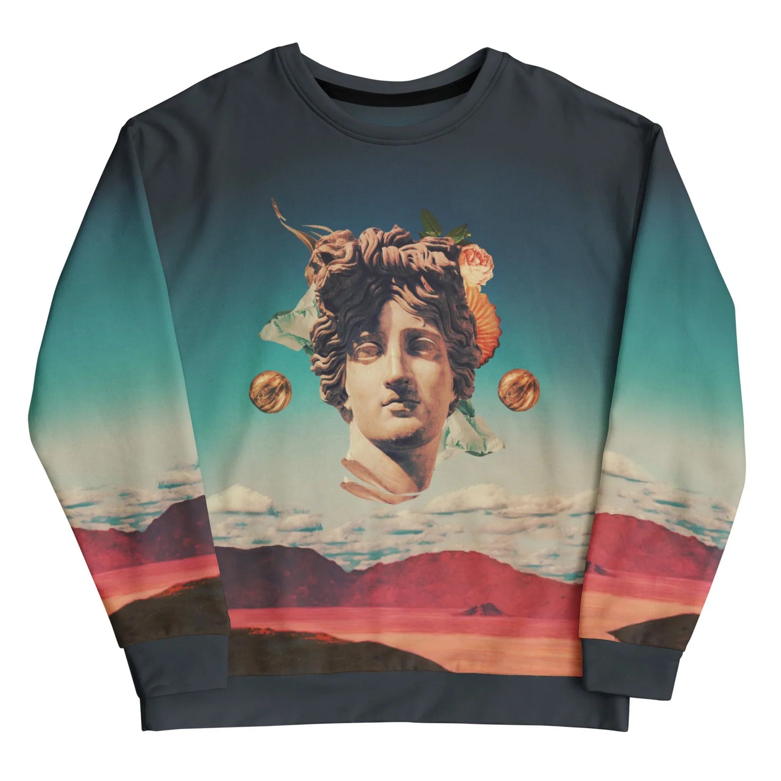 Anchored in a surreal vaporwave aesthetic, this design features a floating Greco-Roman marble statue head (adorned with vintage blooms and seashells) flanked by hovering golden-bronze spheres. Contact us with accessibility feedback, we'd love to help!