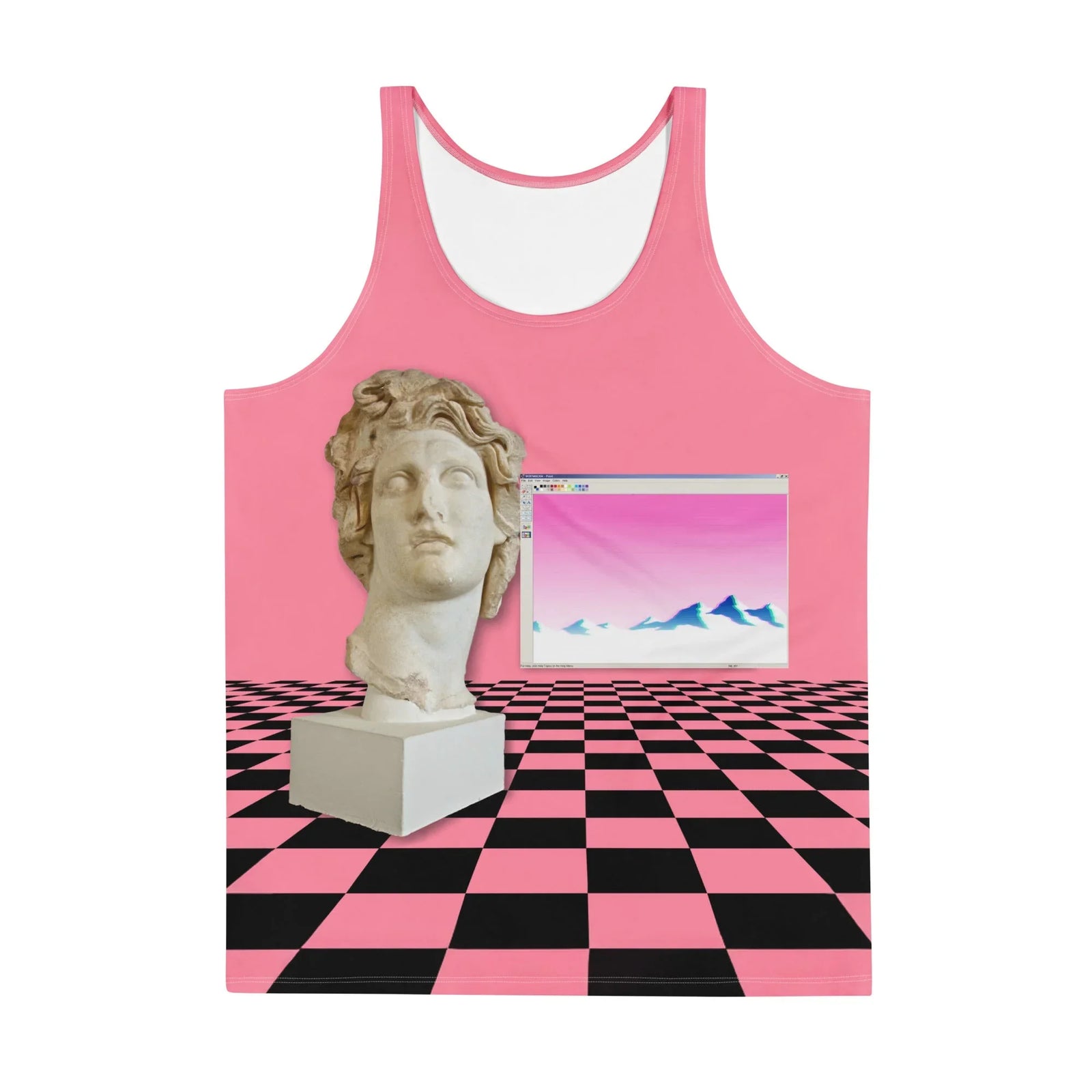 A Stone Grey classical bust rises from an infinite Jet Black and Bubblegum Pink checkerboard grid. Contact us with accessibility feedback, we'd love to help!