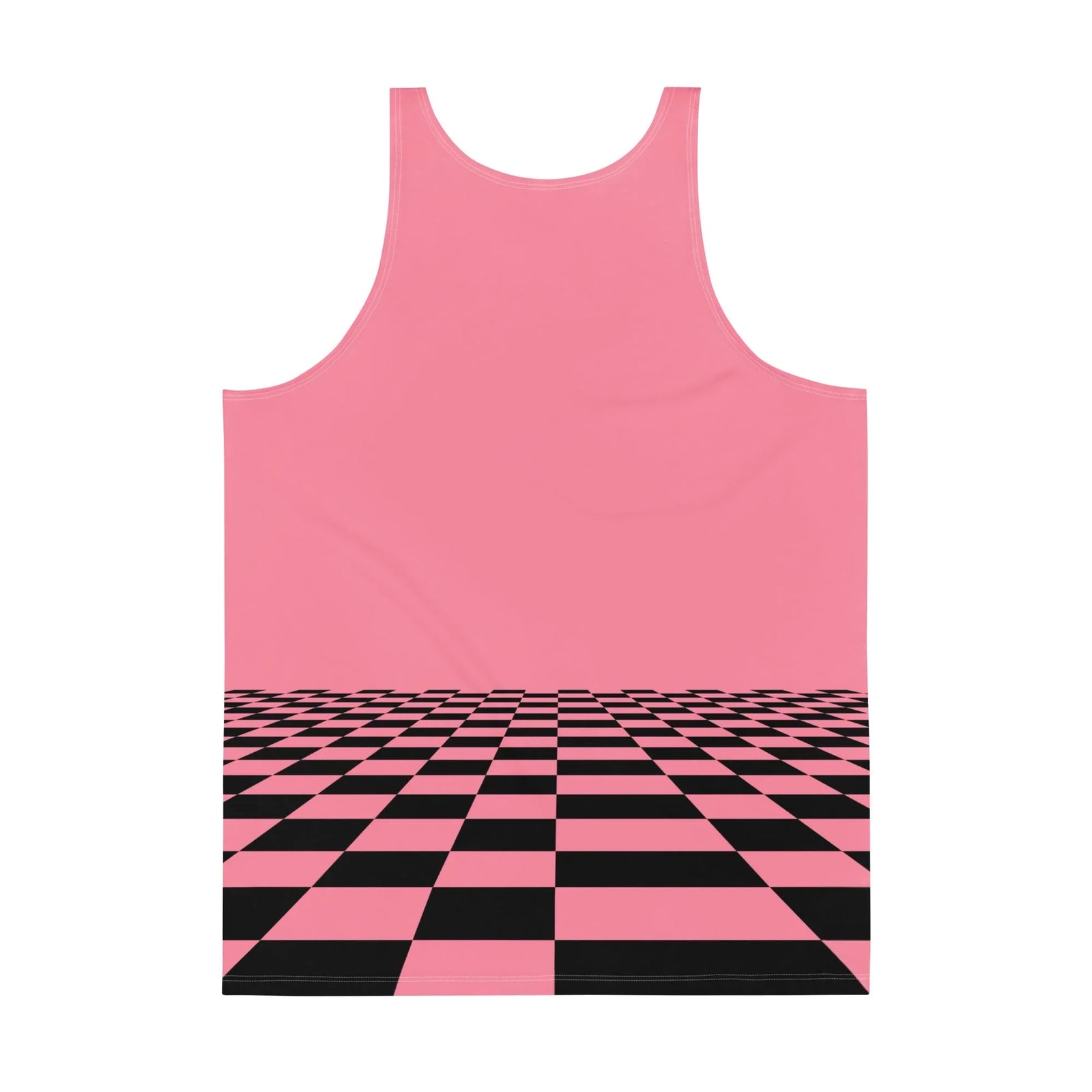 Vaporwave Men's Tank - The monochromatic Helios bust (#D3D3D3) superimposed over a receding high-contrast perspective checkerboard grid in Jet Black (#111111) and Bubblegum Pink (#F08DA6).