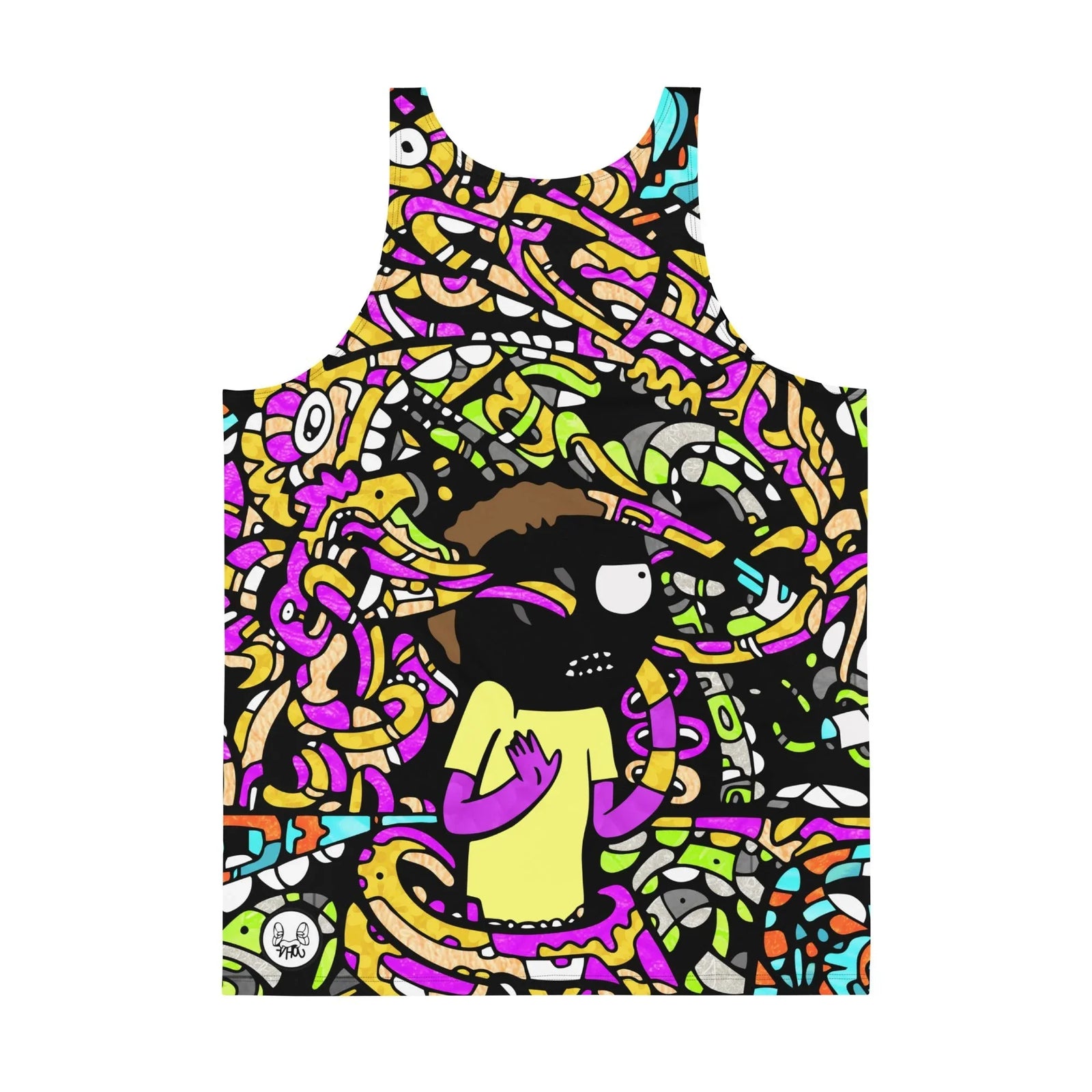 Wub a Lub Men's Tank - The manic, spiky-haired silhouette of the central scientist figure contrasting against the chaotic neon cyan (#00FFFF) and magenta (#FF00FF) bio-matter swirls.