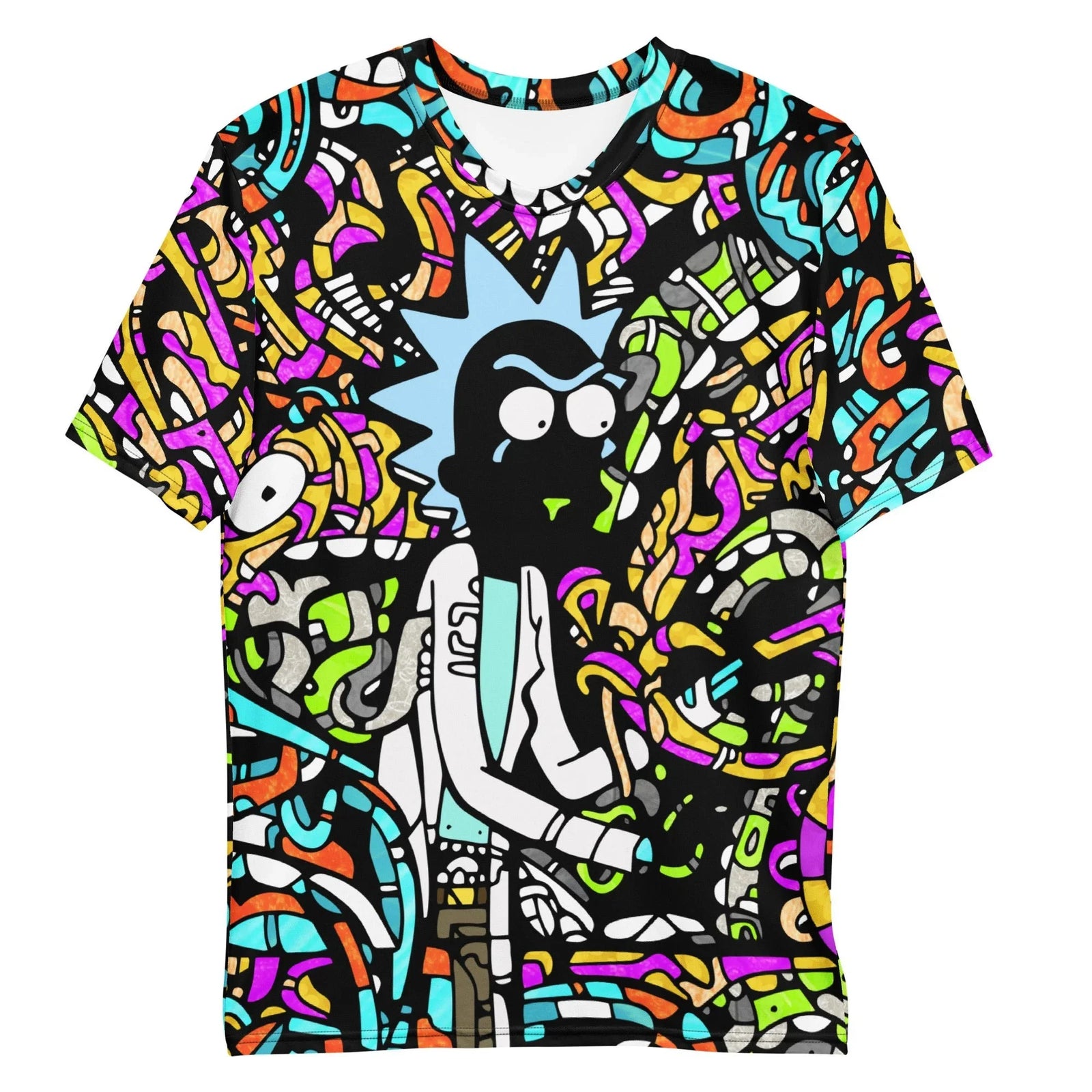 Centered on a high-contrast silhouette of a notorious animated scientist (sporting electric cyan spiky hair and a stark white lab coat), this design explodes into psychedelic chaos. Contact us with accessibility feedback, we'd love to help!