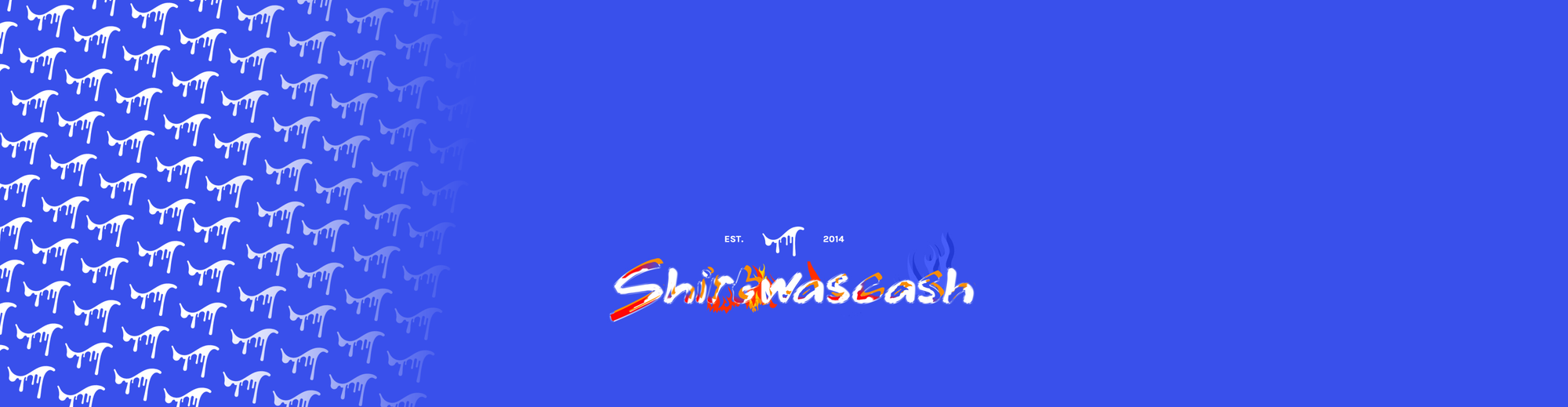 Blue background with white dripping dog pattern and stylized ShiragasCash text logo